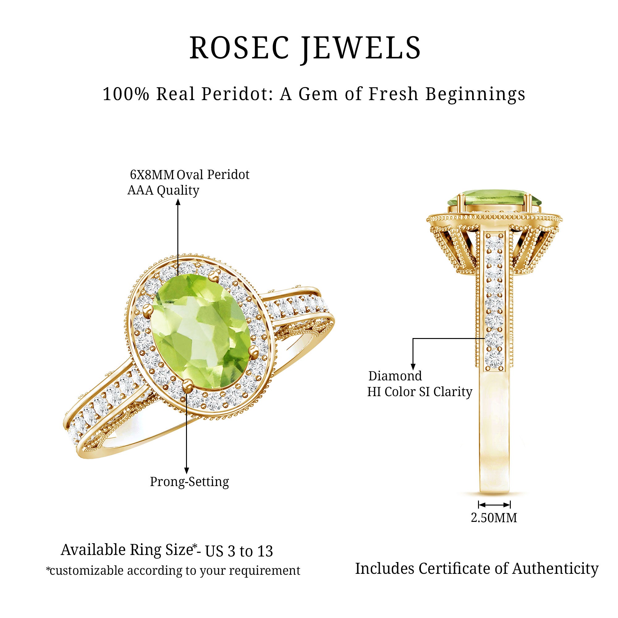 Natural Peridot and Diamond Engagement Ring with Milgrain Details AAA - Rosec Jewels