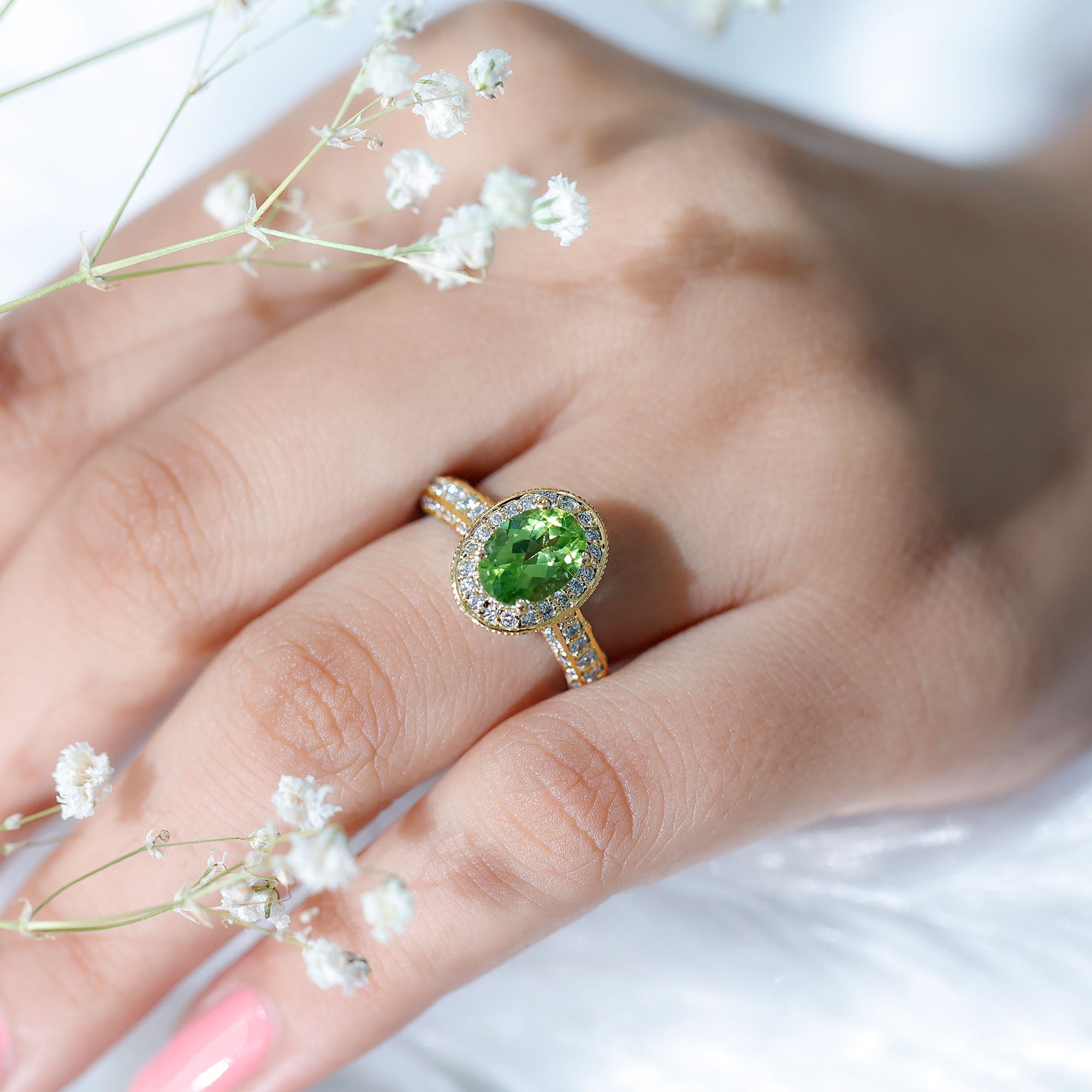 Natural Peridot and Diamond Engagement Ring with Milgrain Details AAA - Rosec Jewels