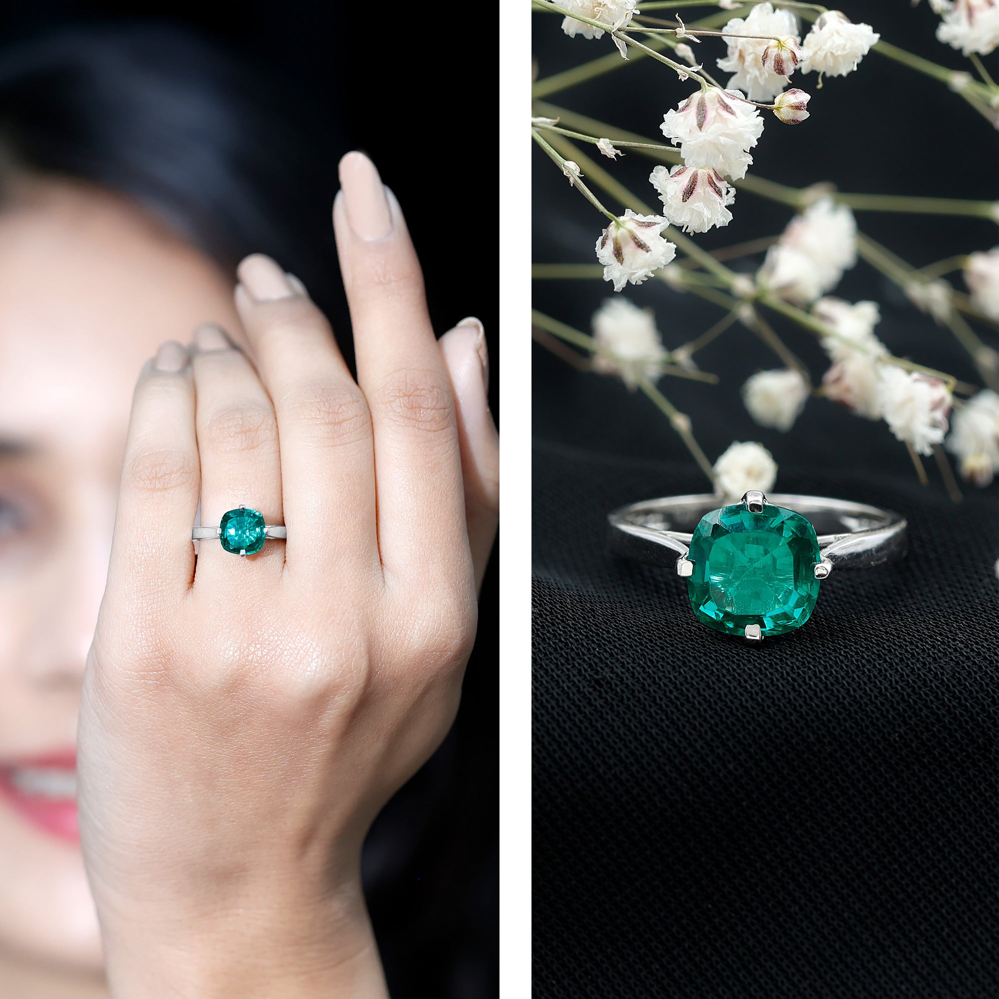 Cushion Cut Lab Grown Emerald Solitaire Engagement Ring AAAA - Rosec Jewels