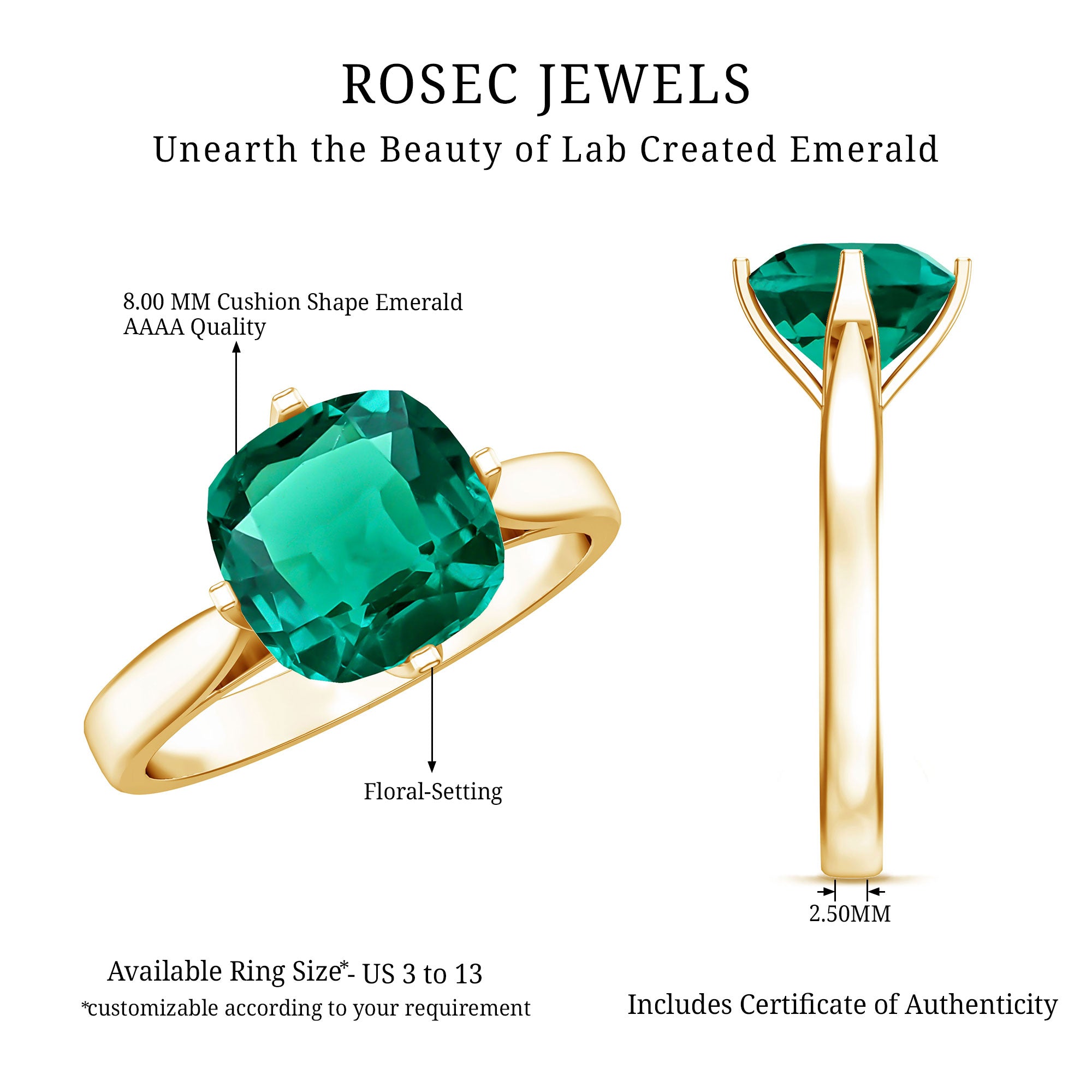 Cushion Cut Lab Grown Emerald Solitaire Engagement Ring AAAA - Rosec Jewels