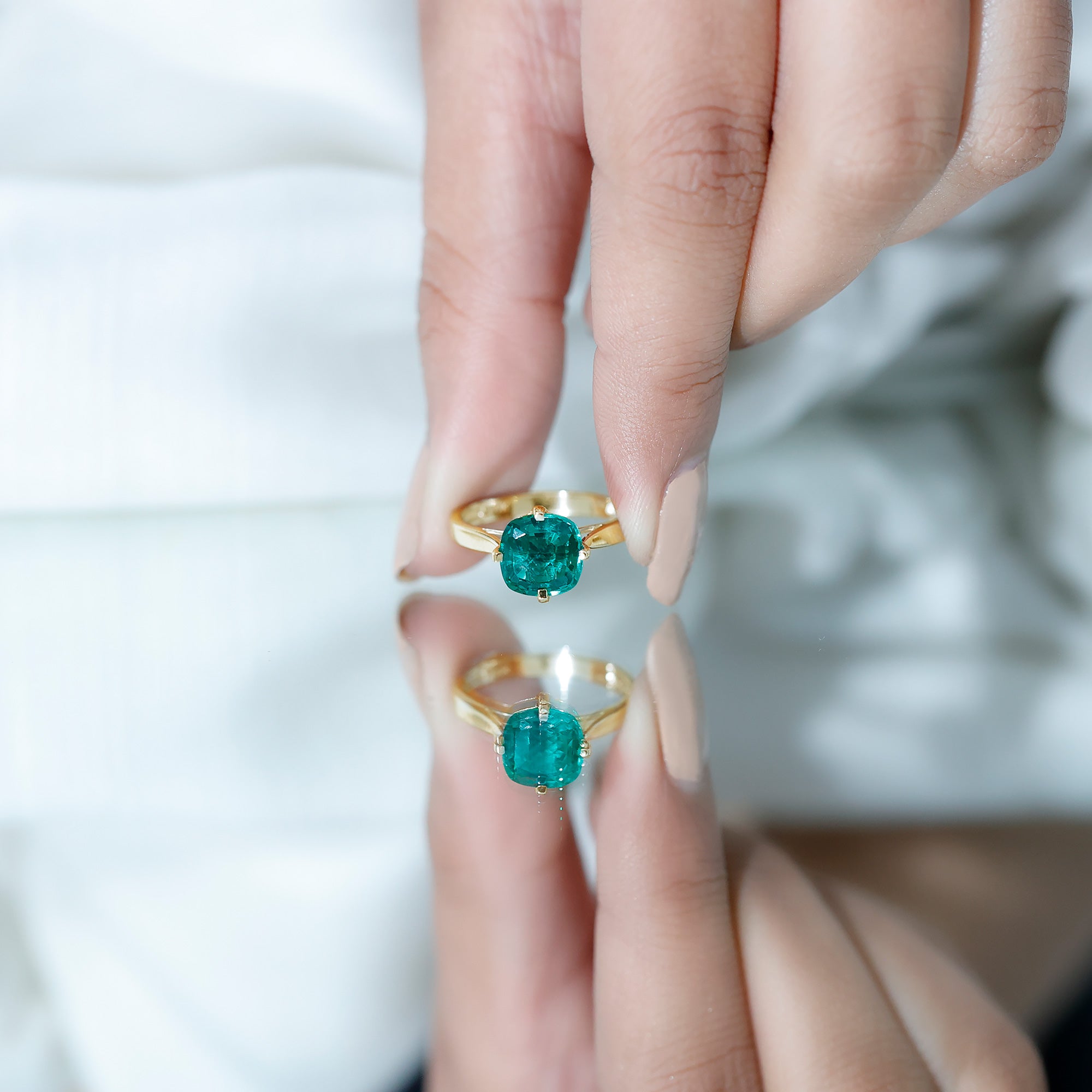 Cushion Cut Lab Grown Emerald Solitaire Engagement Ring AAAA - Rosec Jewels