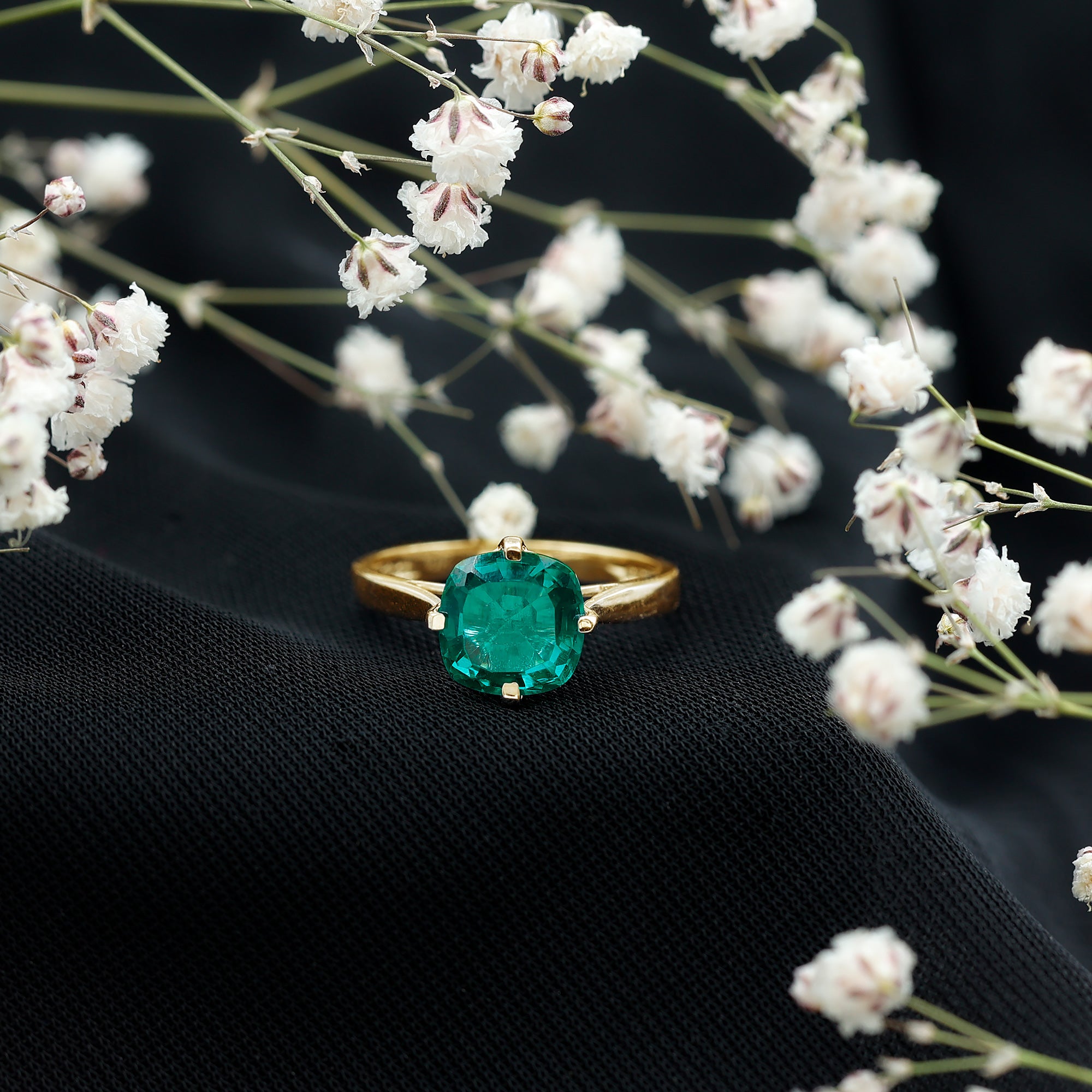 Cushion Cut Lab Grown Emerald Solitaire Engagement Ring AAAA - Rosec Jewels