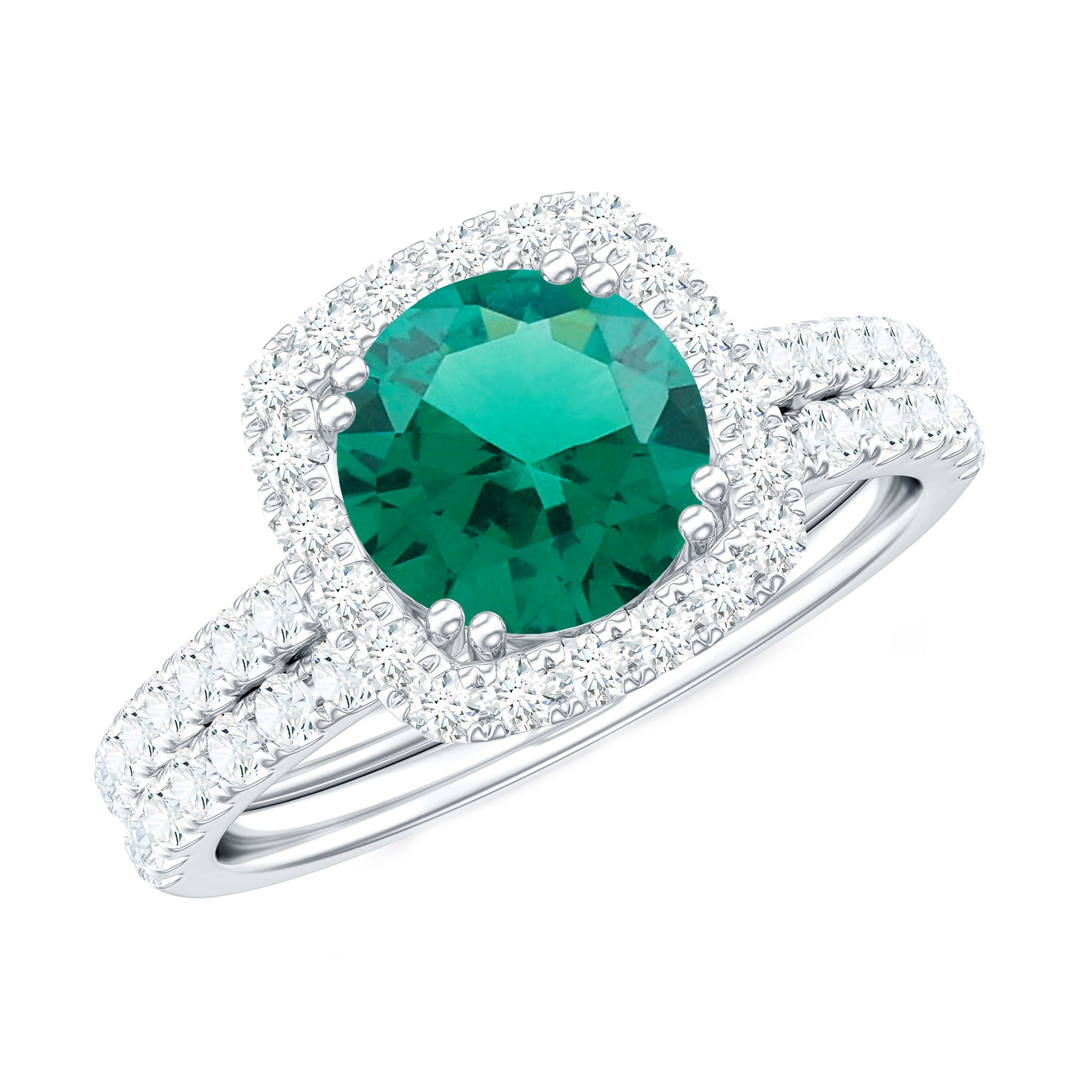 Certified Lab Grown Emerald Halo Engagement Ring with Moissanite Wedding Band