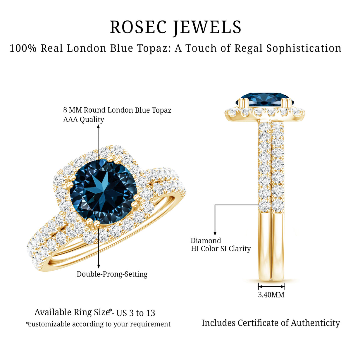 Genuine Blue Topaz and Diamond Halo Wedding Ring Set AAA - Rosec Jewels
