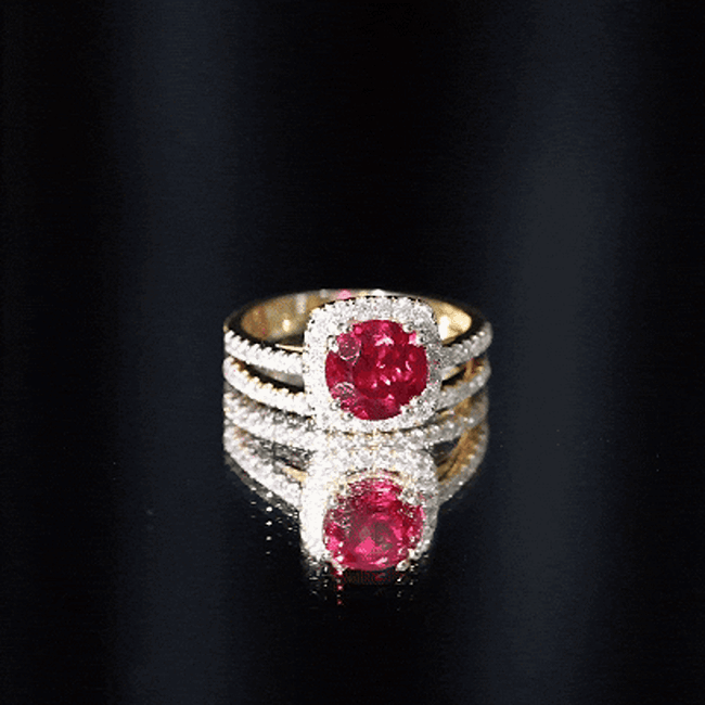 Rosec Jewels-Lab Created Ruby and Moissanite Halo Wedding Ring Set for Bride