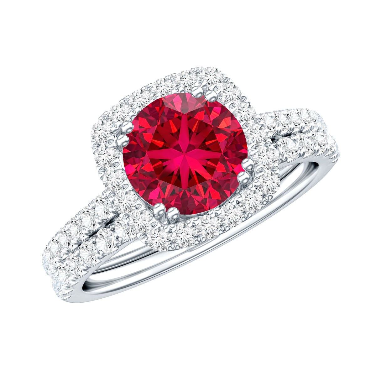 Lab Created Ruby and Moissanite Halo Wedding Ring Set for Bride AAAA - Rosec Jewels