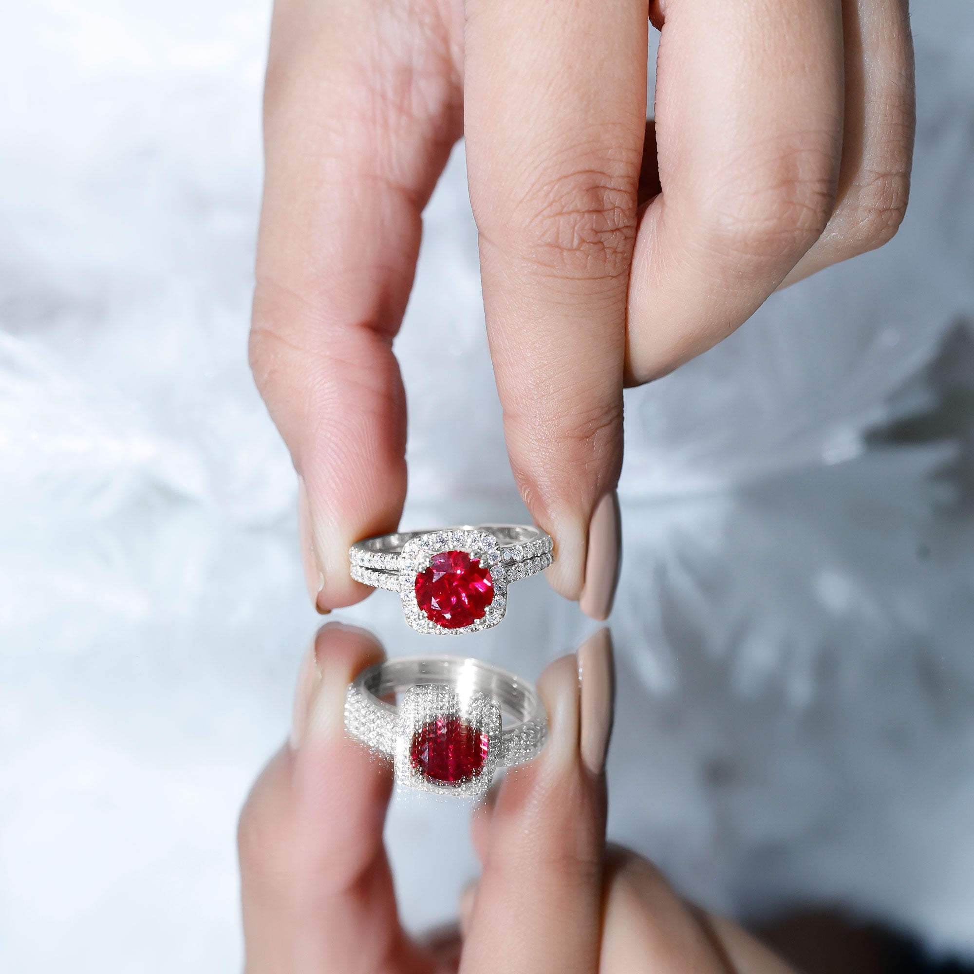 Rosec Jewels-Lab Created Ruby and Moissanite Halo Wedding Ring Set for Bride