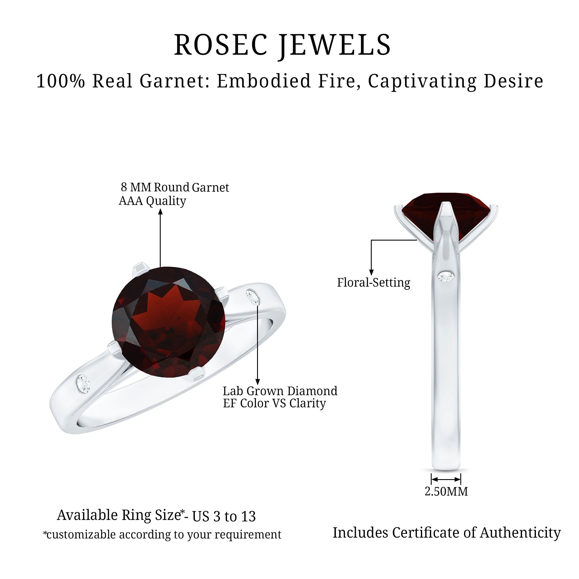 Natural 2.3 Carat Round Garnet Solitaire Engagement Ring AAA - Rosec Jewels