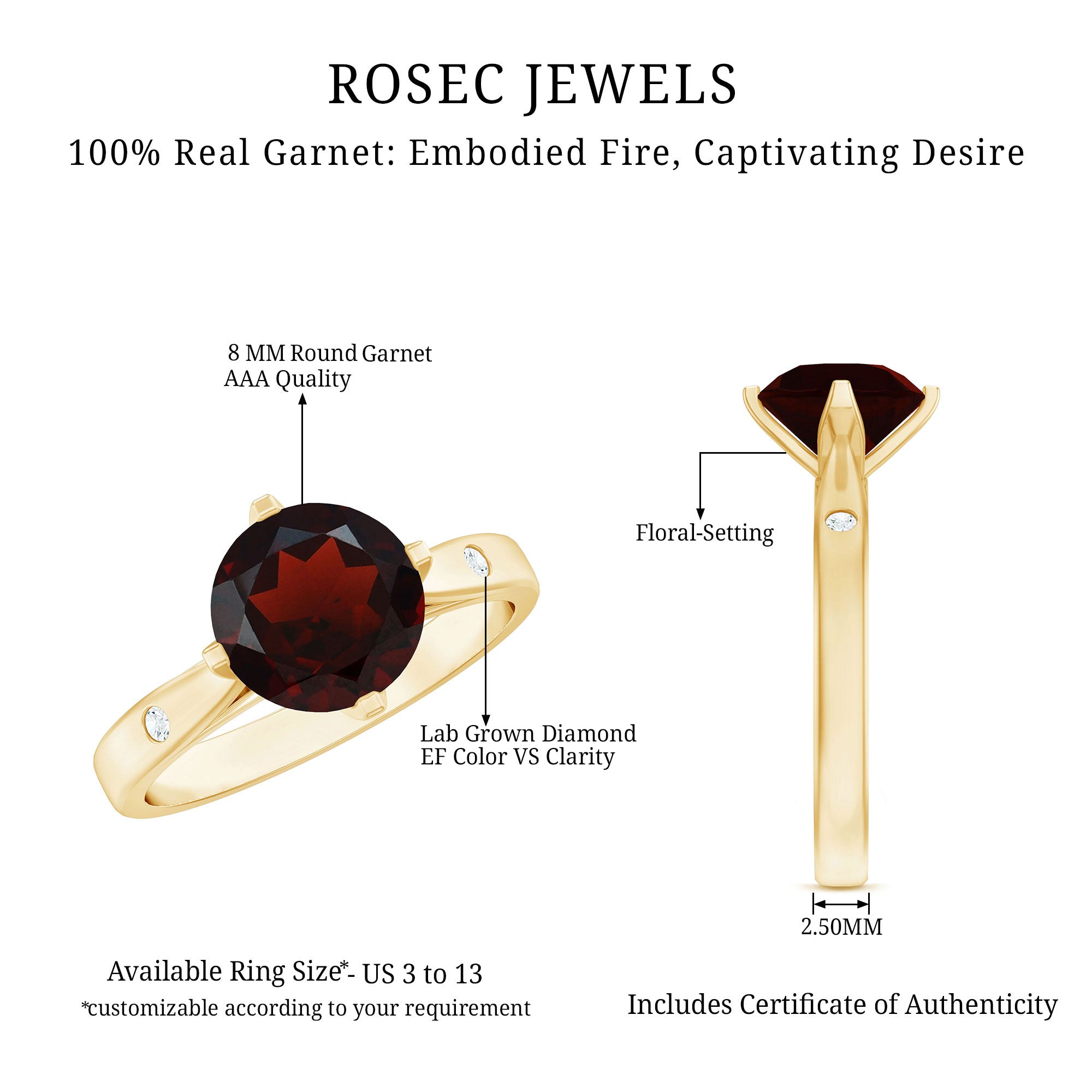 Natural 2.3 Carat Round Garnet Solitaire Engagement Ring AAA - Rosec Jewels