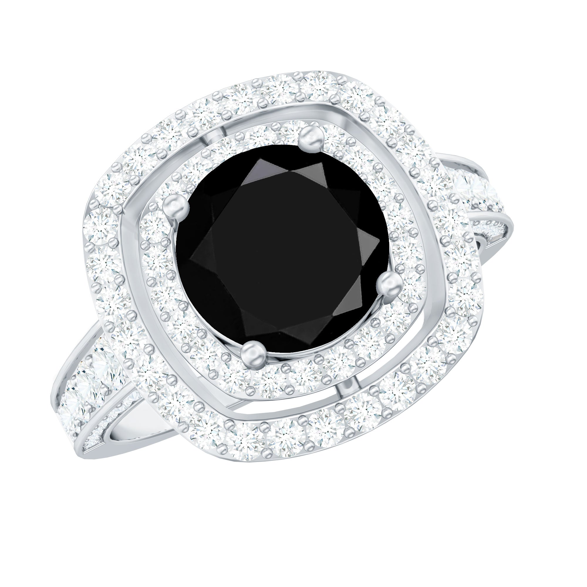 Certified 8mm Black Onyx Statement Engagement Ring with Diamond Double Halo