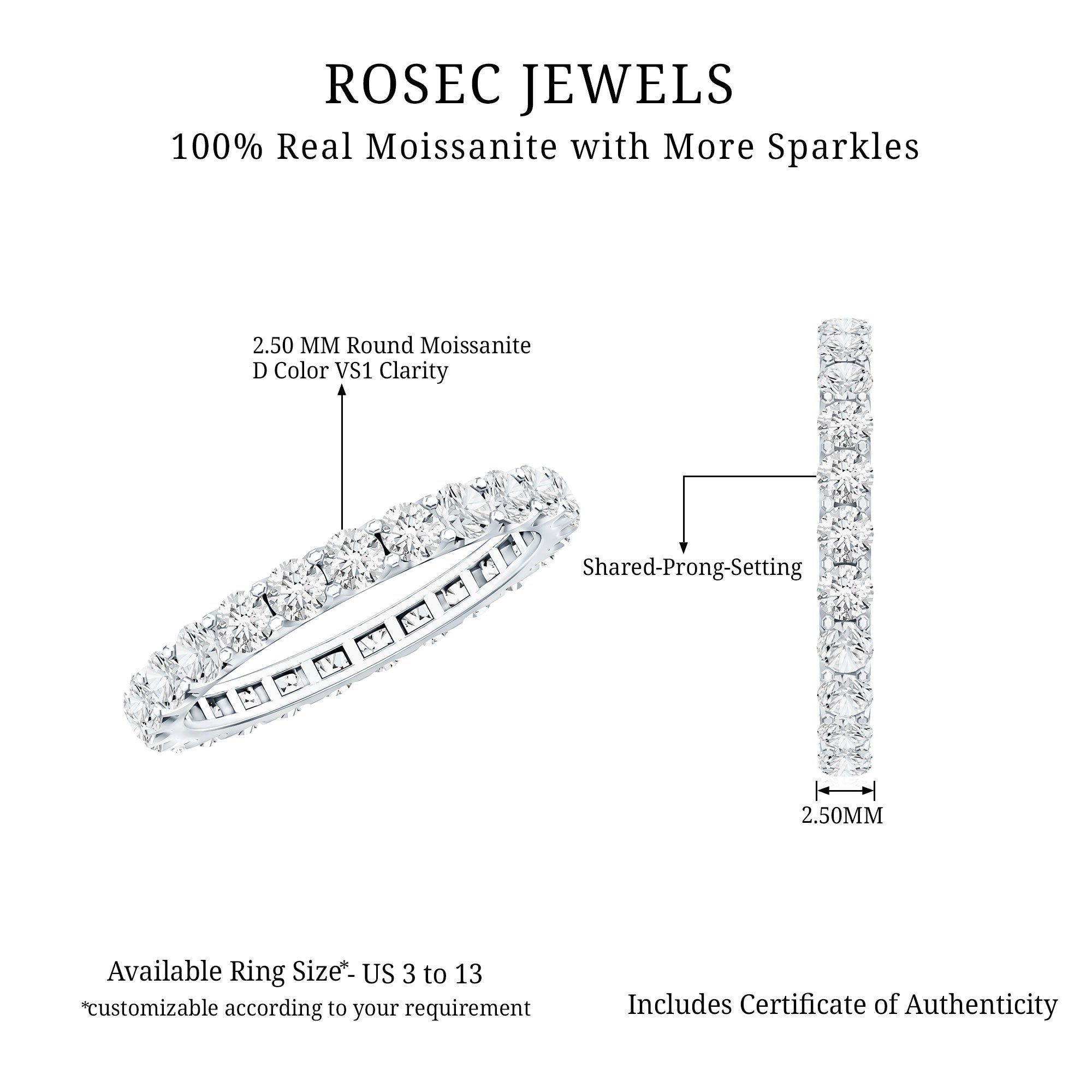 Brilliant Cut Round Moissanite Eternity Anniversary Band D-VS1 - Rosec Jewels