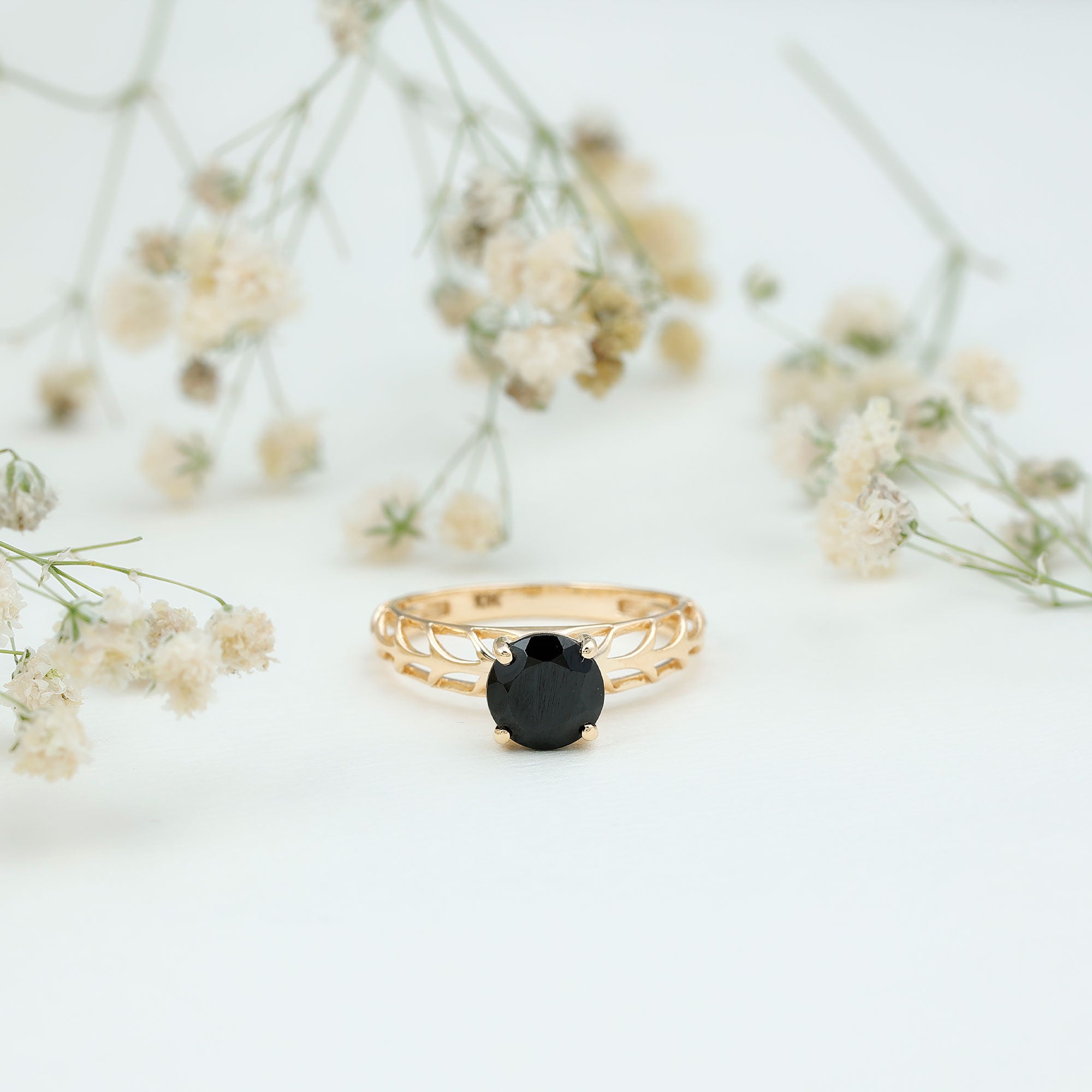 Round Cut Solitaire Black Onyx Engagement Ring with Certificate AAA - Rosec Jewels