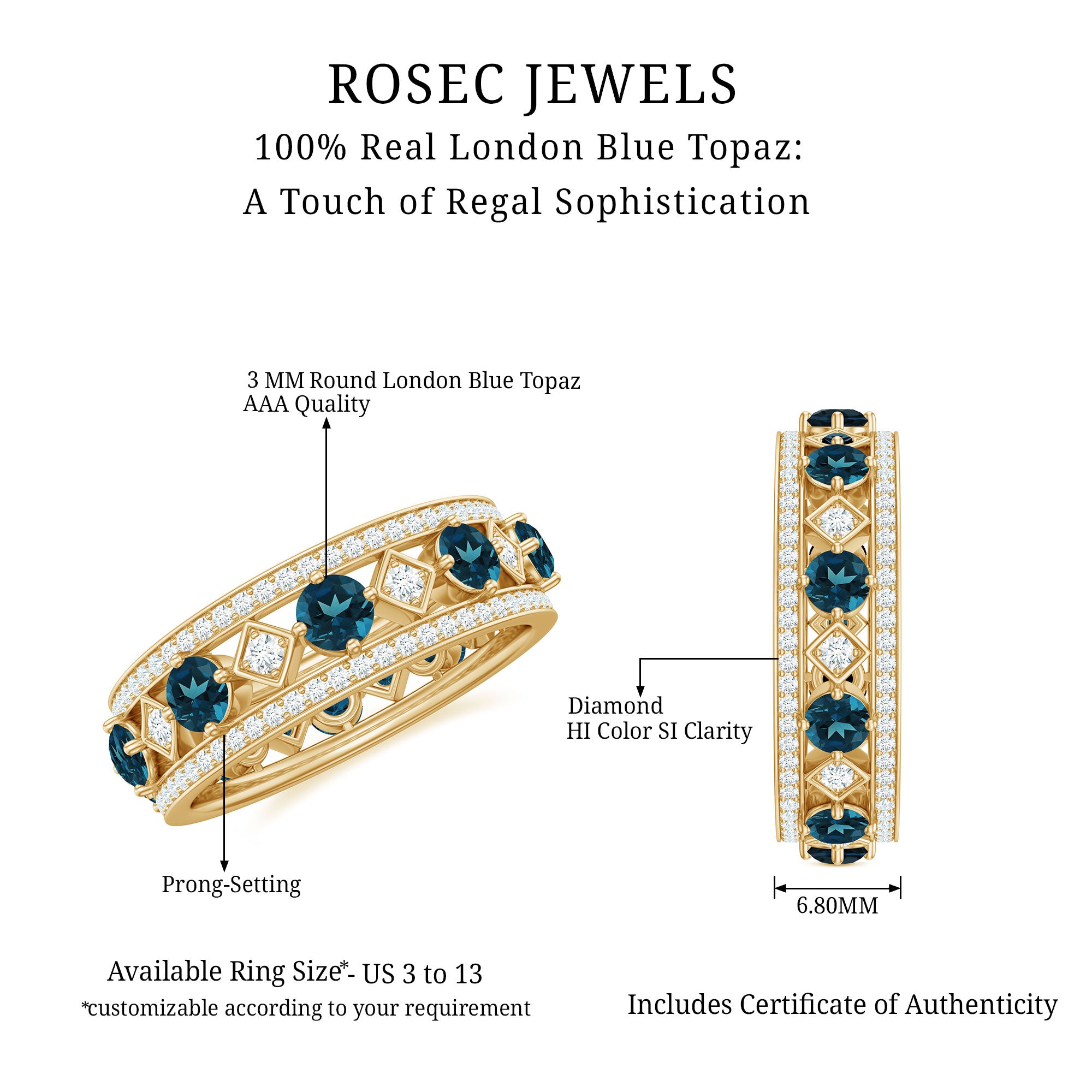 London Blue Topaz Vintage Inspired Eternity Band with Diamond AAA - Rosec Jewels