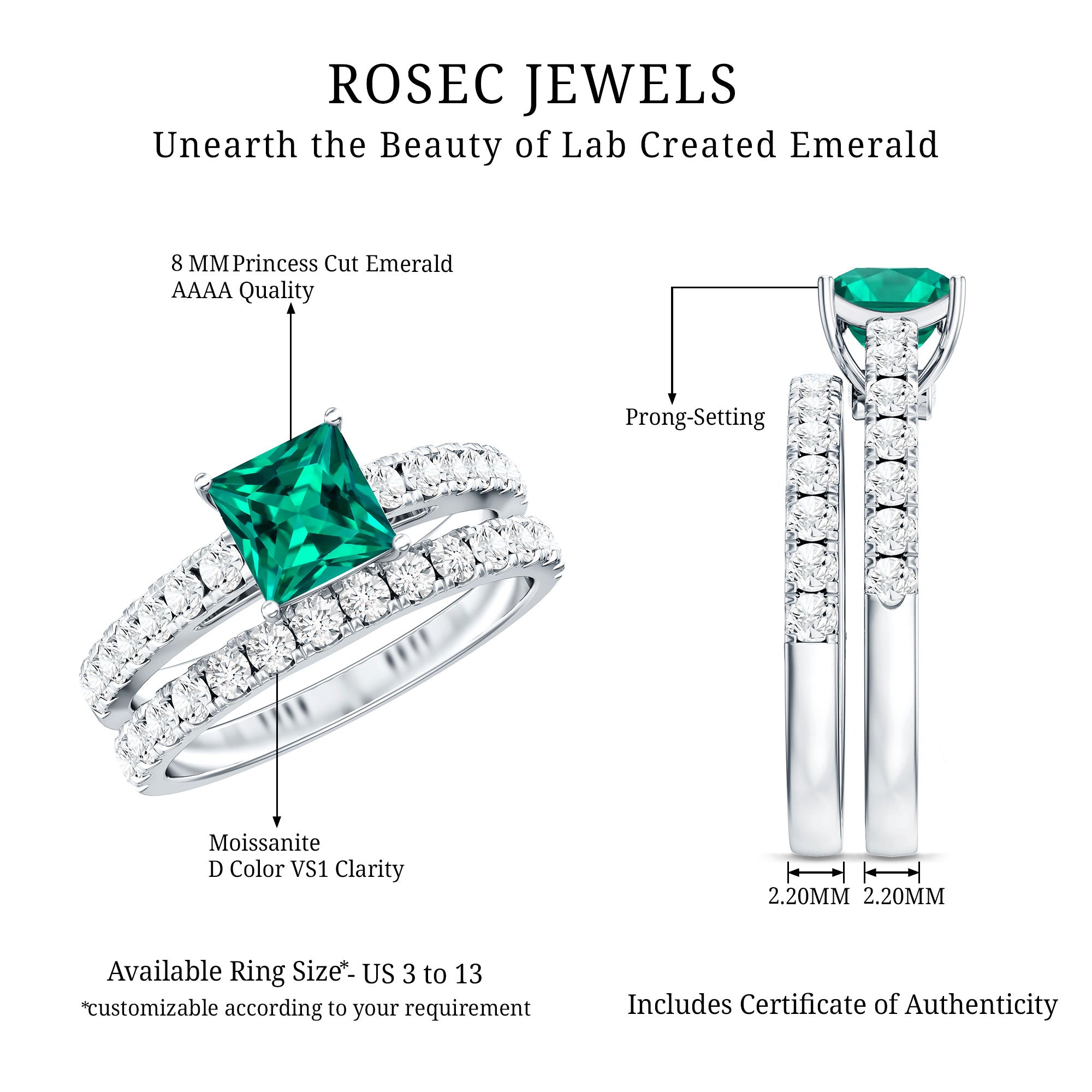 Lab Grown Emerald Princess Cut Engagement Ring with Wedding Band AAAA - Rosec Jewels