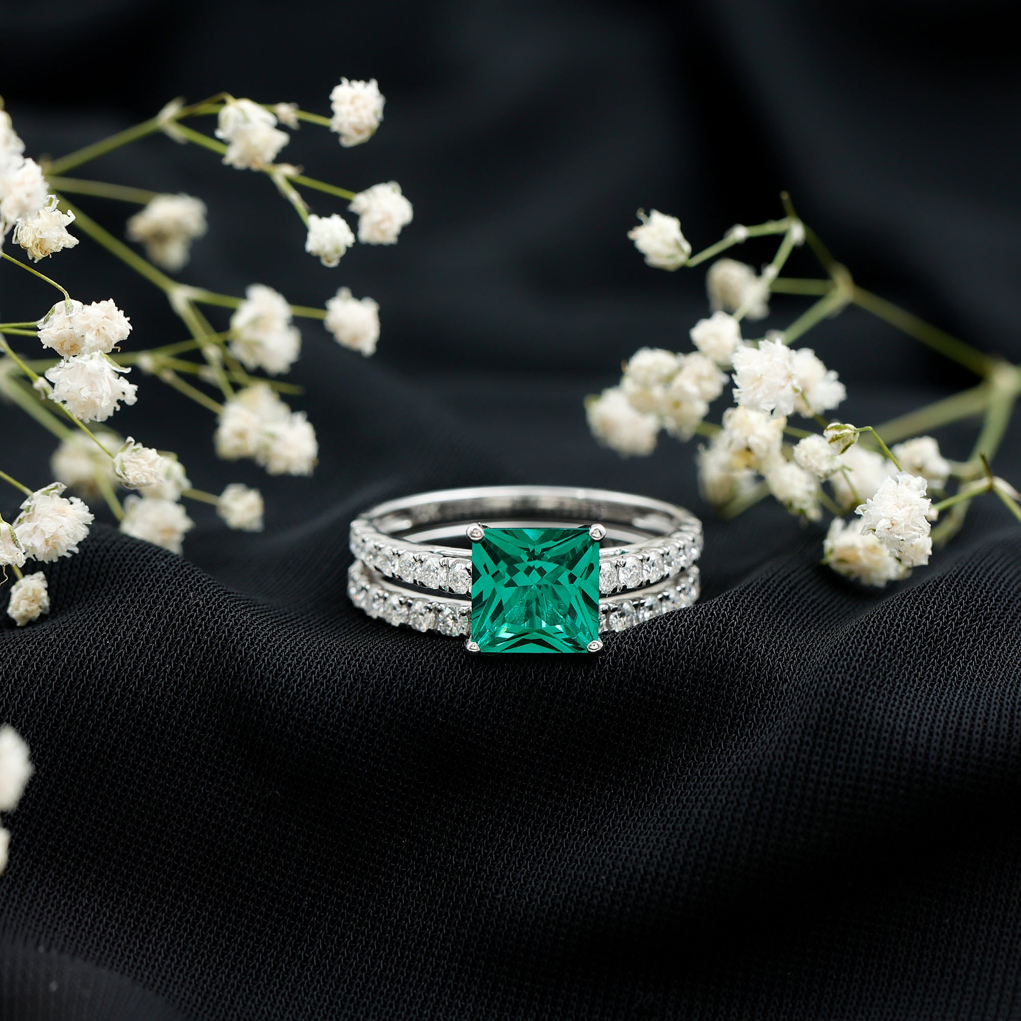 Lab Grown Emerald Princess Cut Engagement Ring with Wedding Band AAAA - Rosec Jewels