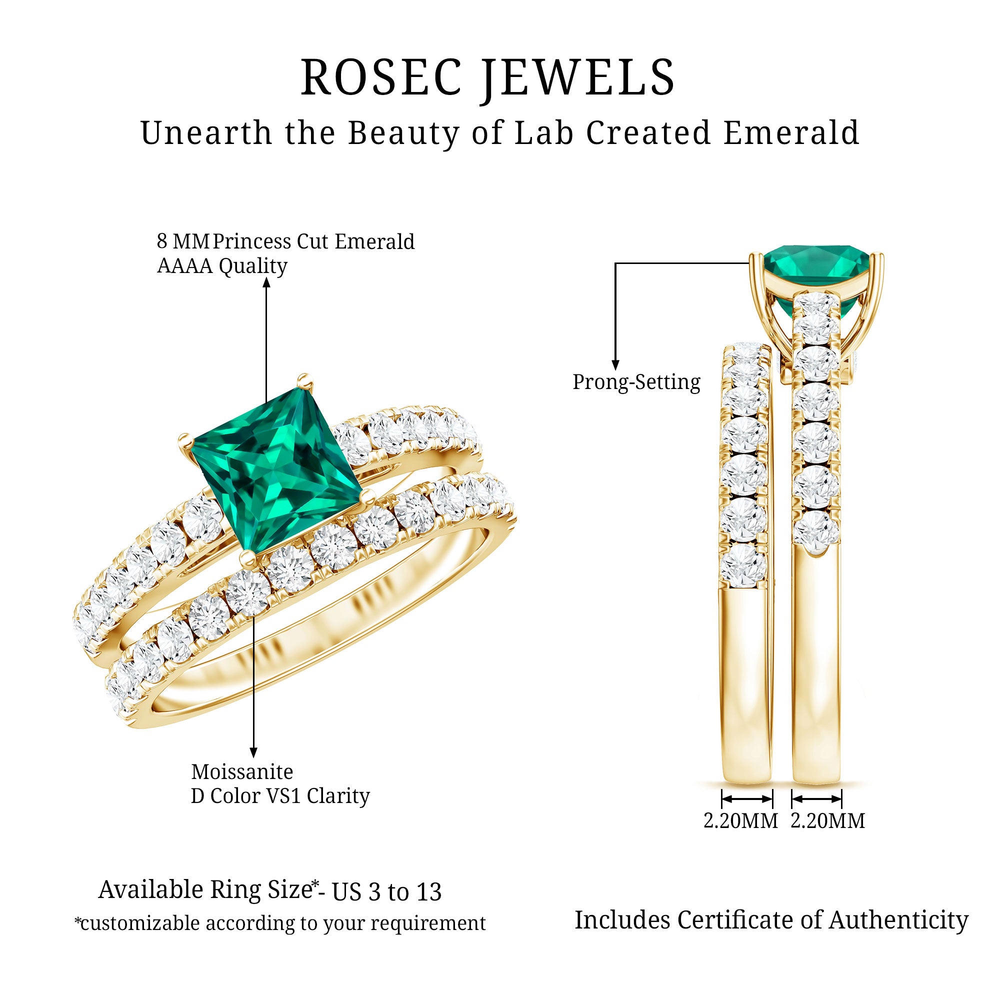 Lab Grown Emerald Princess Cut Engagement Ring with Wedding Band AAAA - Rosec Jewels