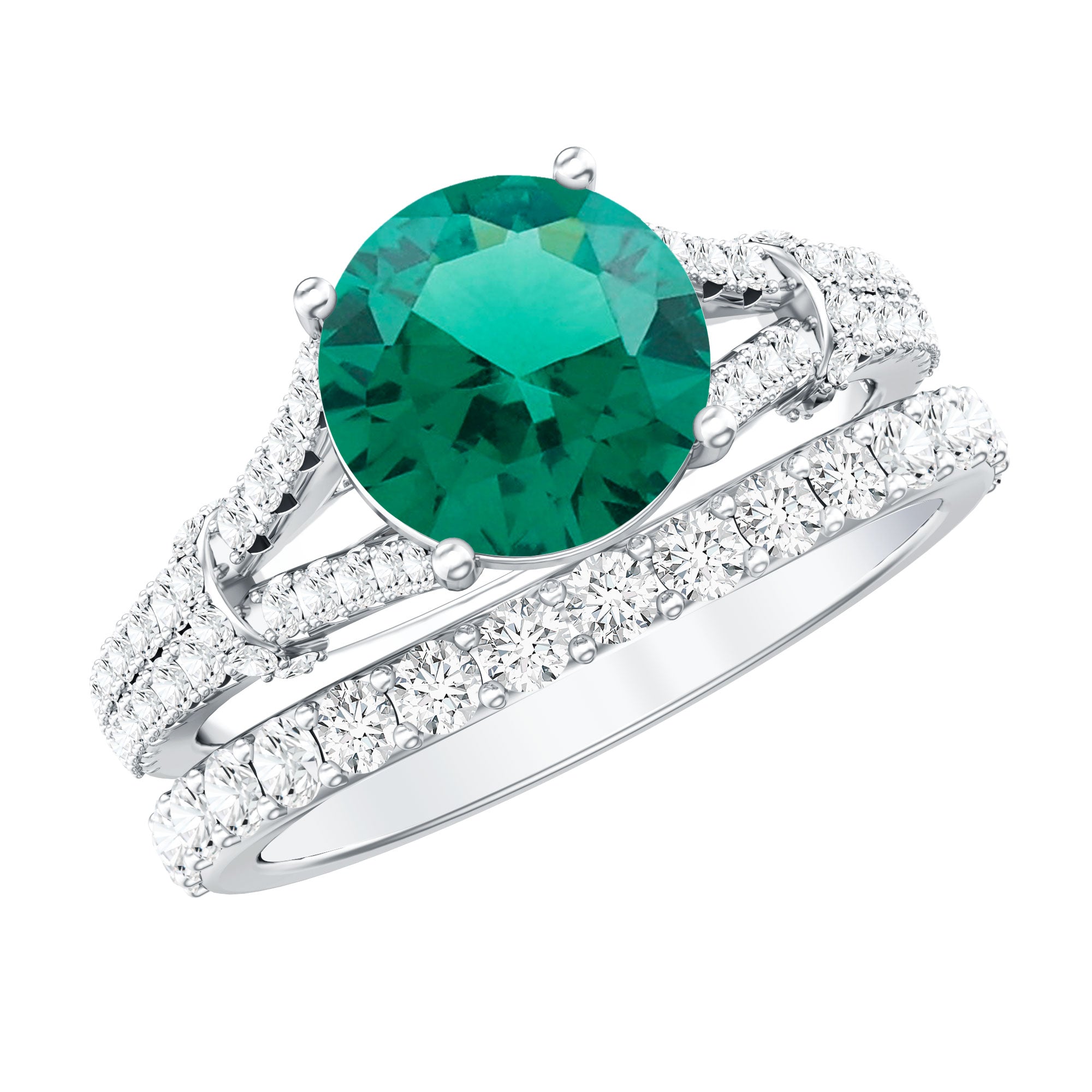 Designer Lab Grown Emerald Engagement Ring with Wedding Band AAAA - Rosec Jewels