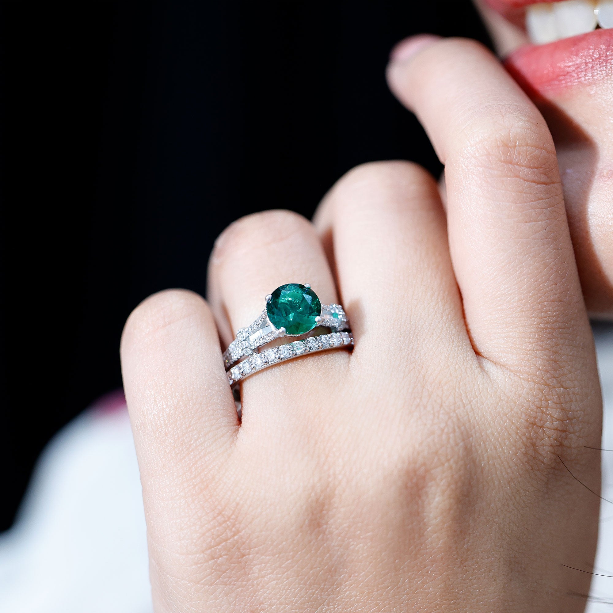 Designer Lab Grown Emerald Engagement Ring with Wedding Band AAAA - Rosec Jewels