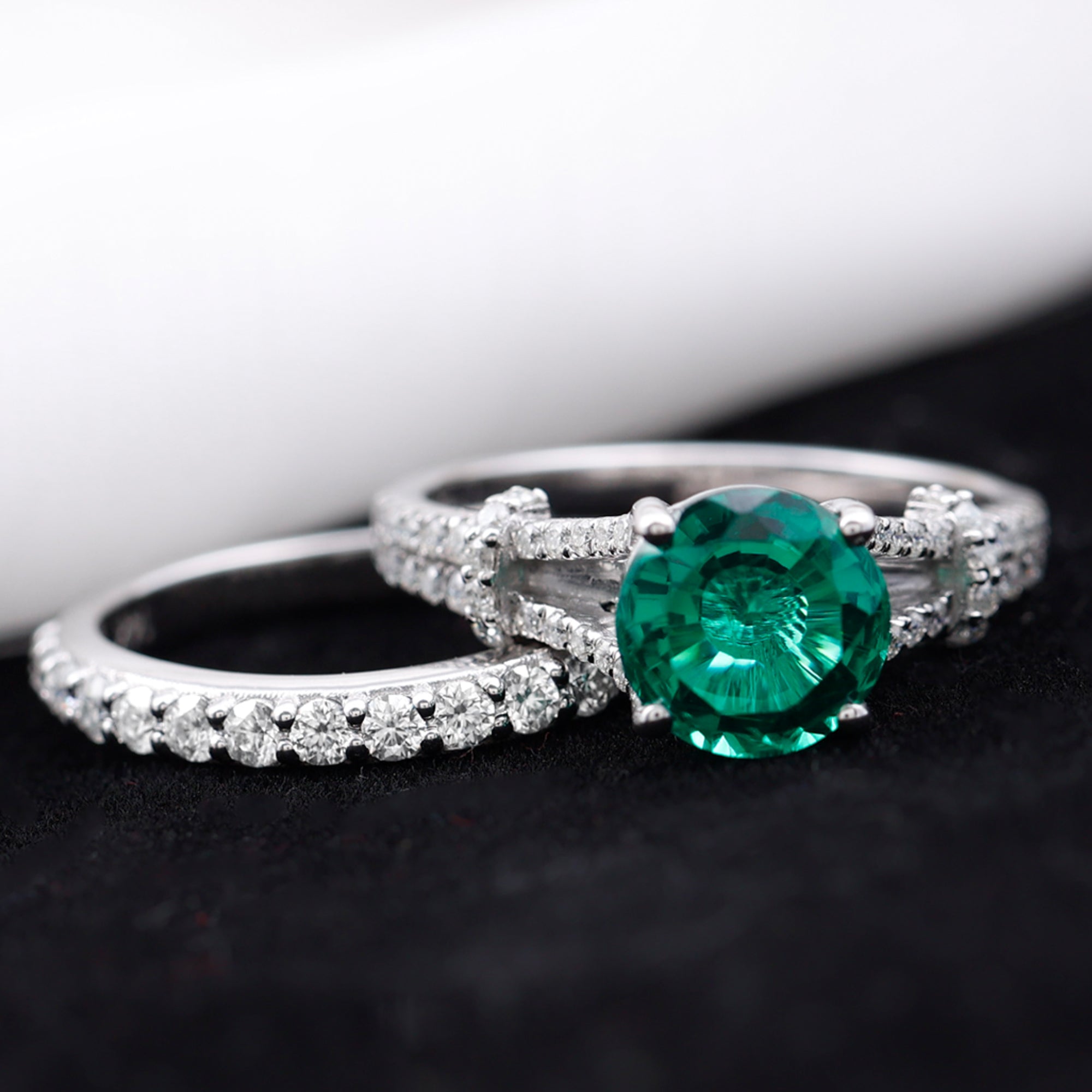 Designer Lab Grown Emerald Engagement Ring with Wedding Band AAAA - Rosec Jewels