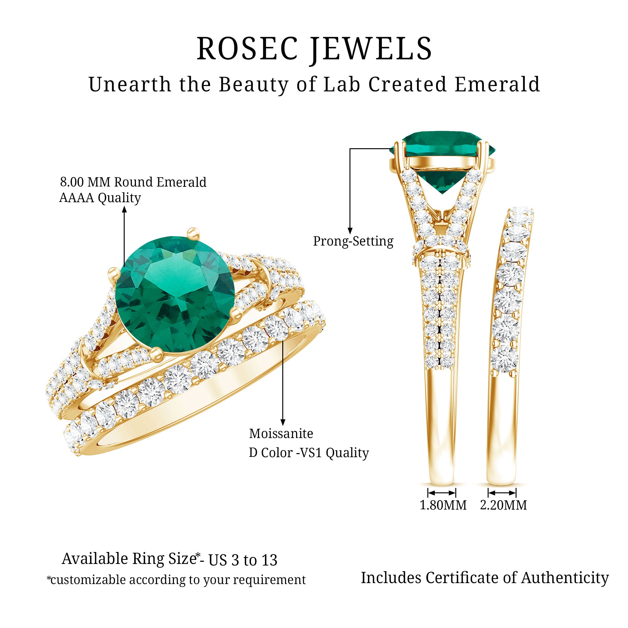 Designer Lab Grown Emerald Engagement Ring with Wedding Band AAAA - Rosec Jewels
