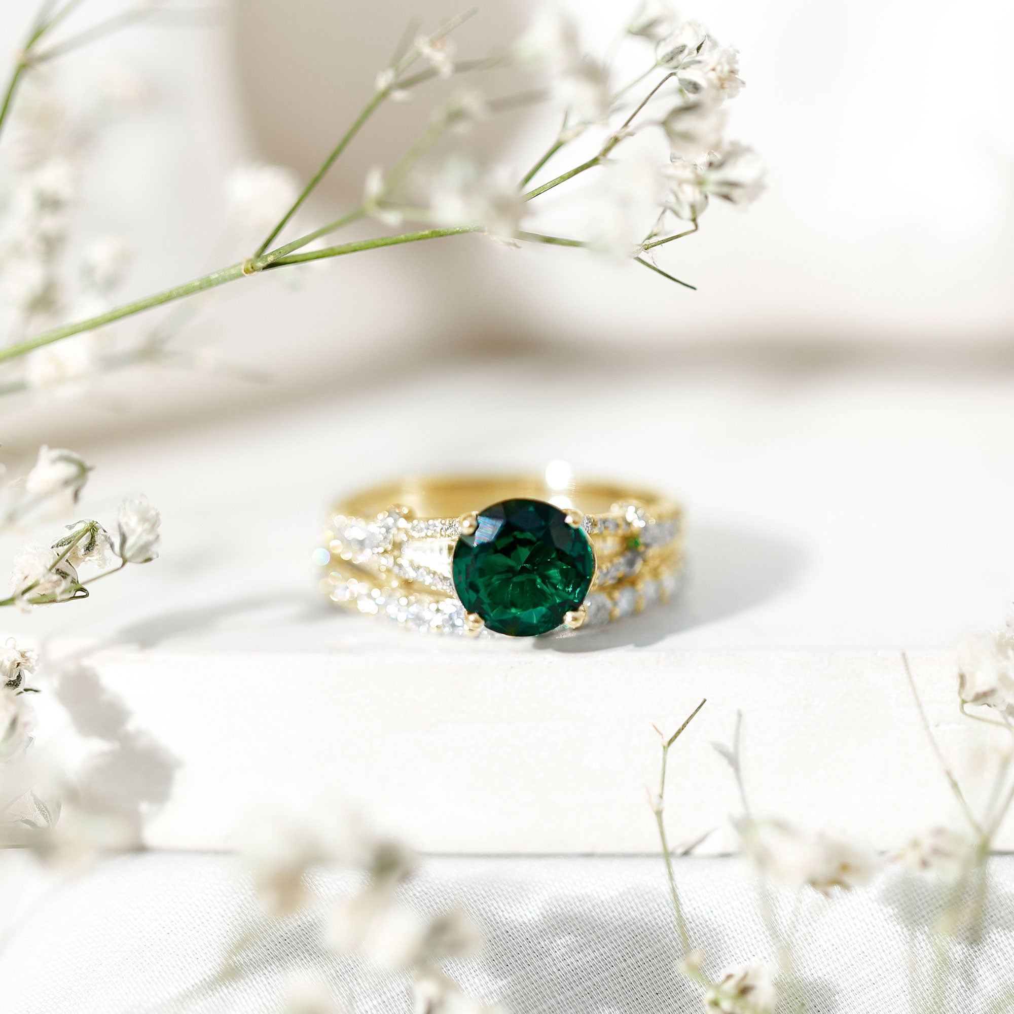 Designer Lab Grown Emerald Engagement Ring with Wedding Band AAAA - Rosec Jewels
