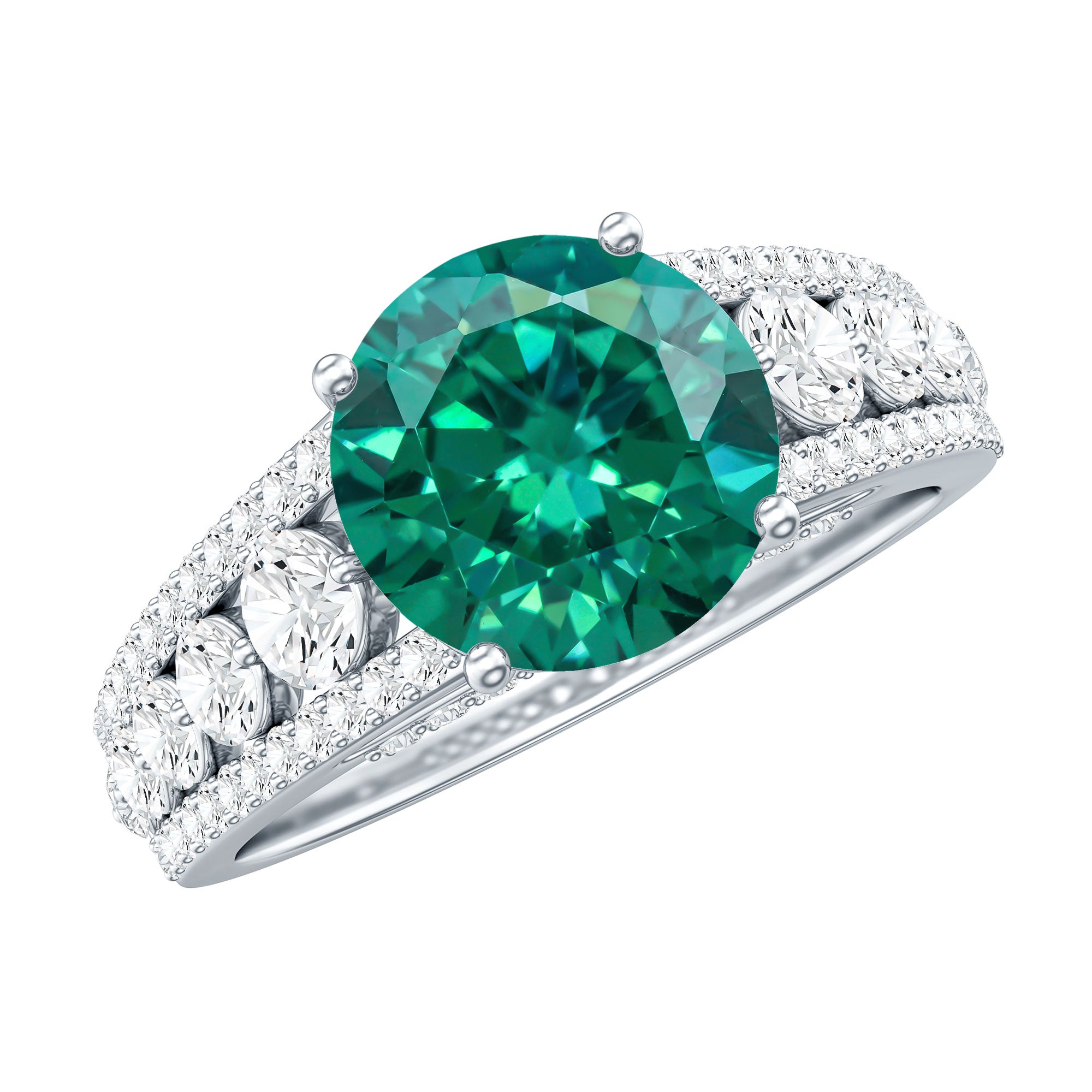 Certified 8 mm Lab Grown Emerald Statement Engagement Ring with Side Stones AAAA - Rosec Jewels