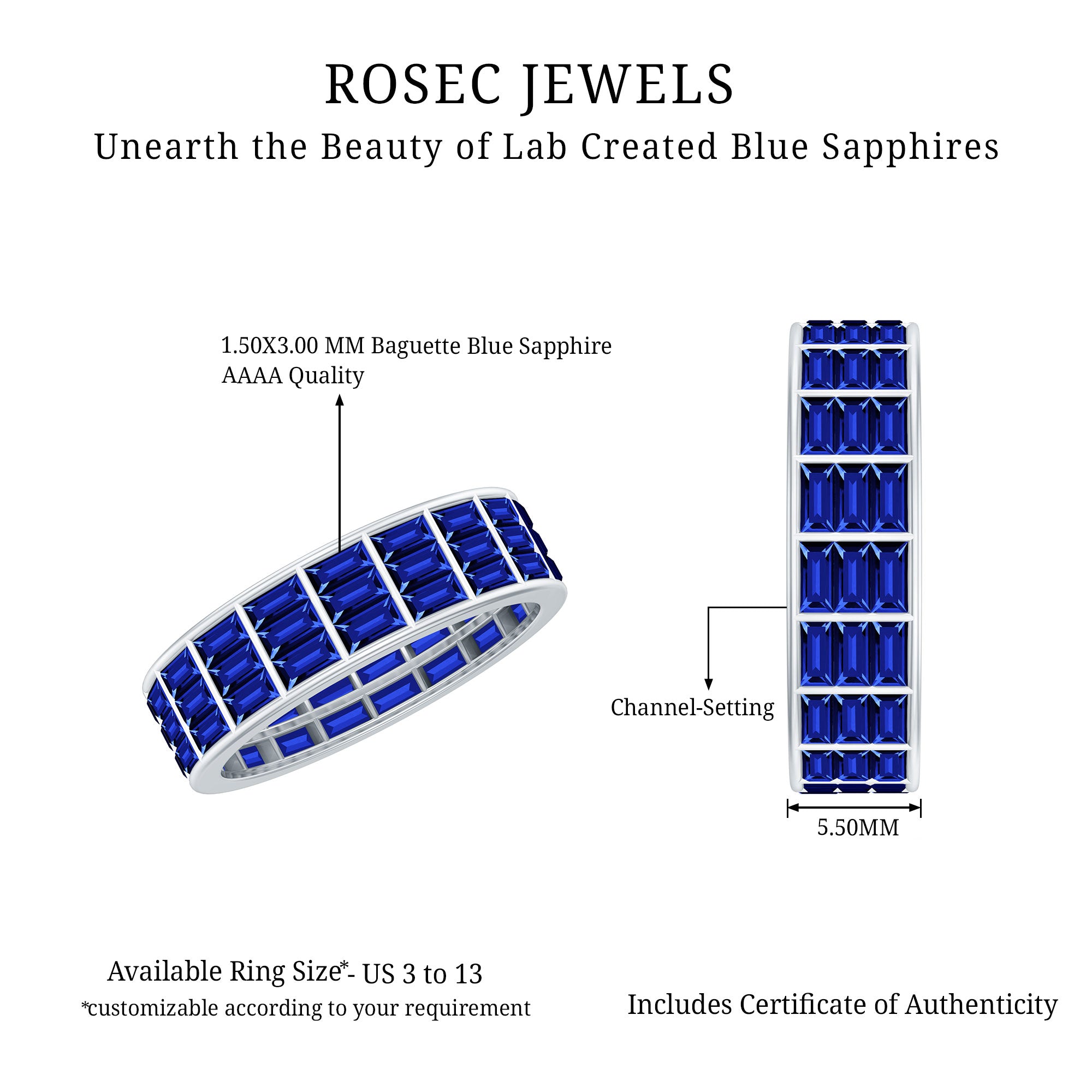 Channel Set Lab Grown Blue Sapphire Wide Eternity Band Ring AAAA - Rosec Jewels