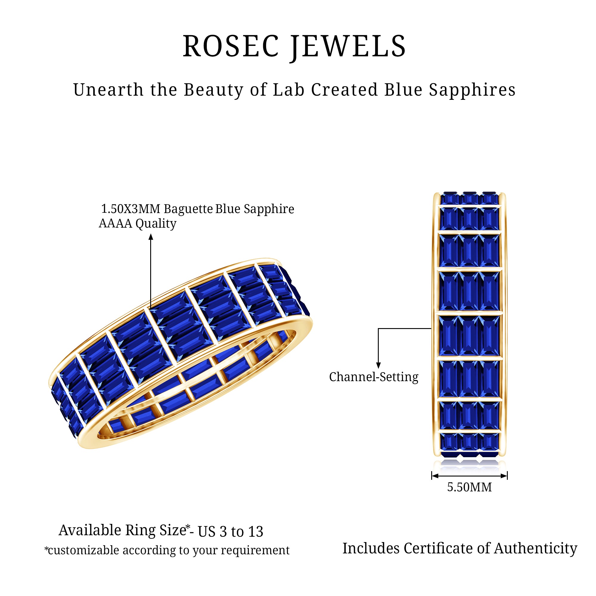 Channel Set Lab Grown Blue Sapphire Wide Eternity Band Ring AAAA - Rosec Jewels