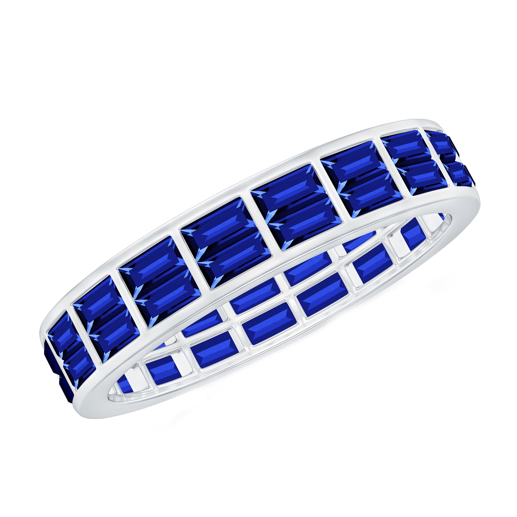 Baguette Cut Lab Created Blue Sapphire Double Row Wedding Band AAAA - Rosec Jewels