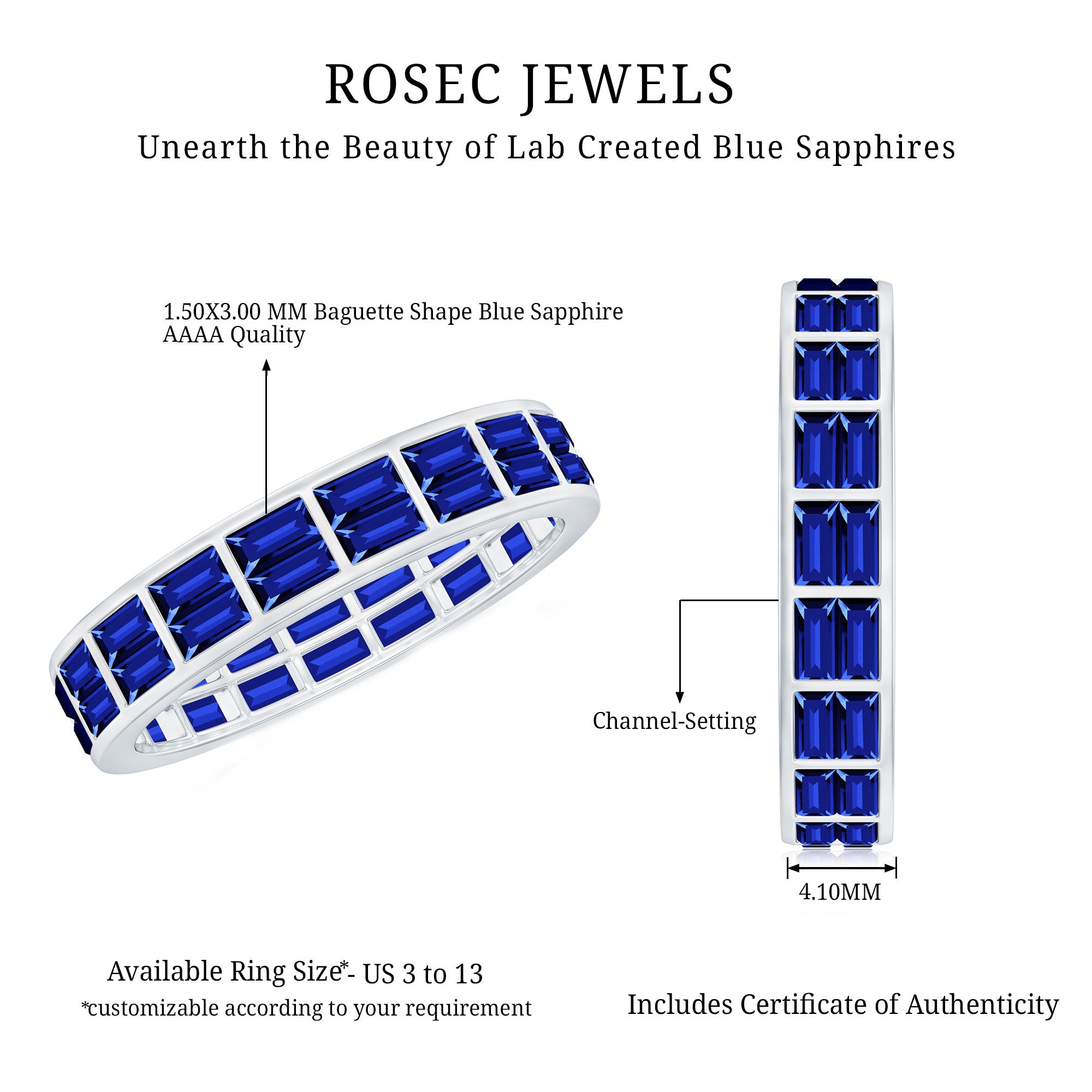 Baguette Cut Lab Created Blue Sapphire Double Row Wedding Band AAAA - Rosec Jewels