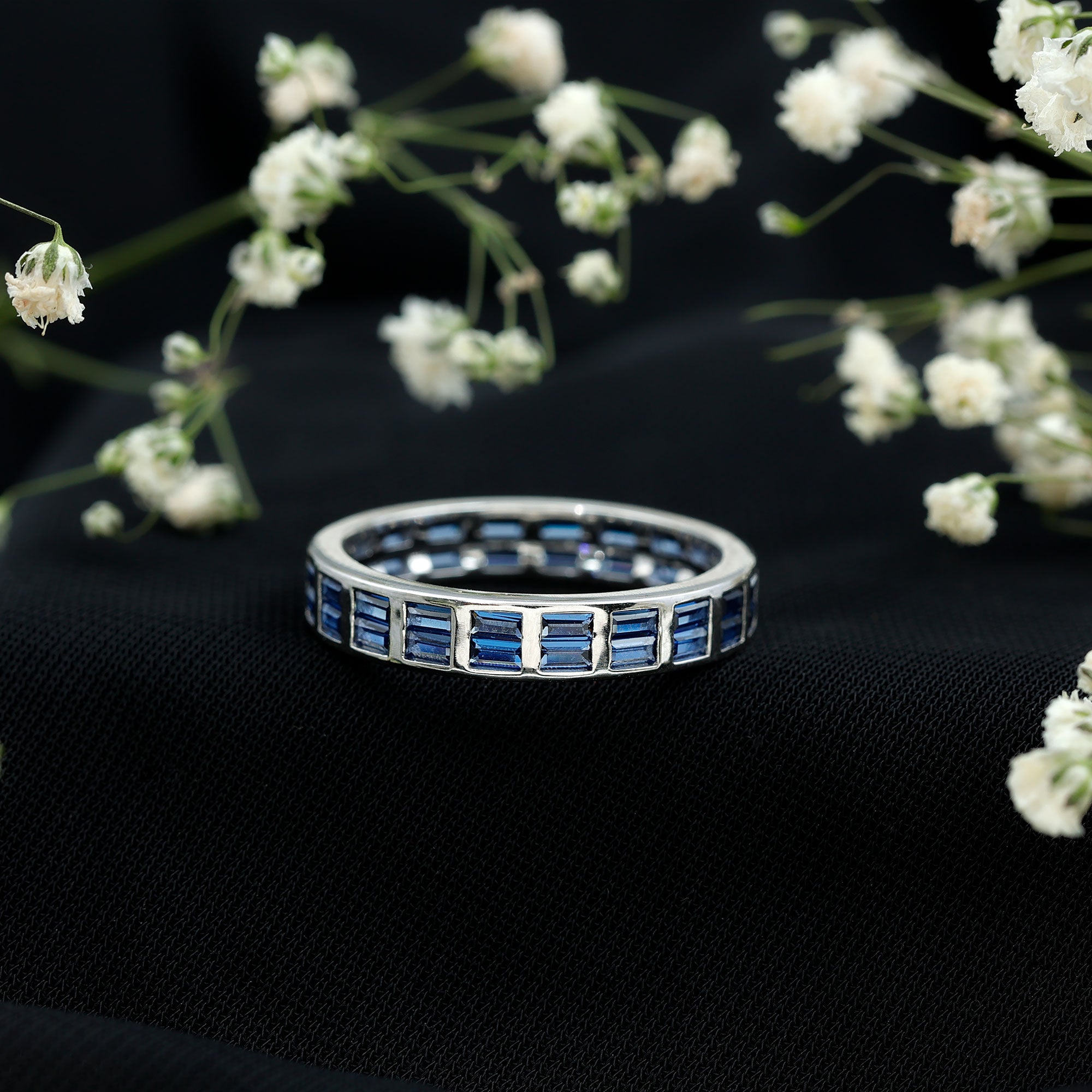 Baguette Cut Lab Created Blue Sapphire Double Row Wedding Band AAAA - Rosec Jewels