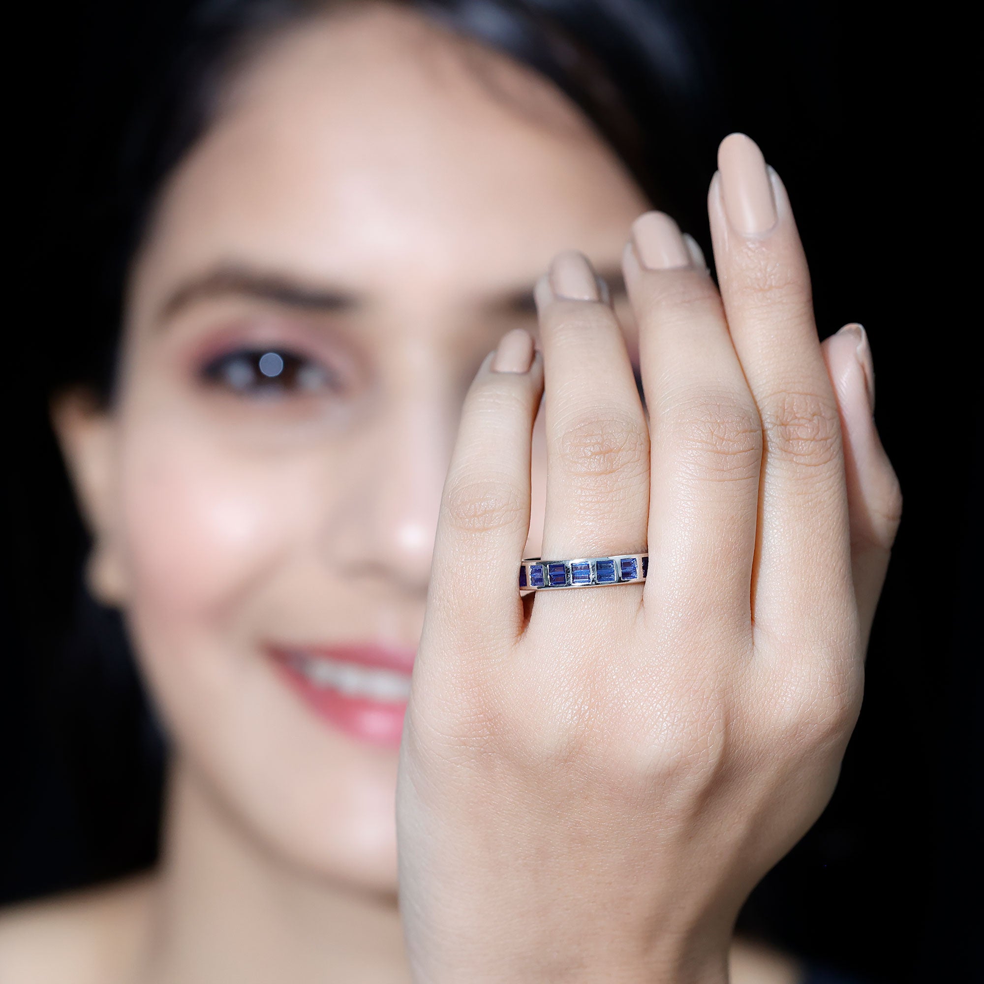 Baguette Cut Lab Created Blue Sapphire Double Row Wedding Band AAAA - Rosec Jewels