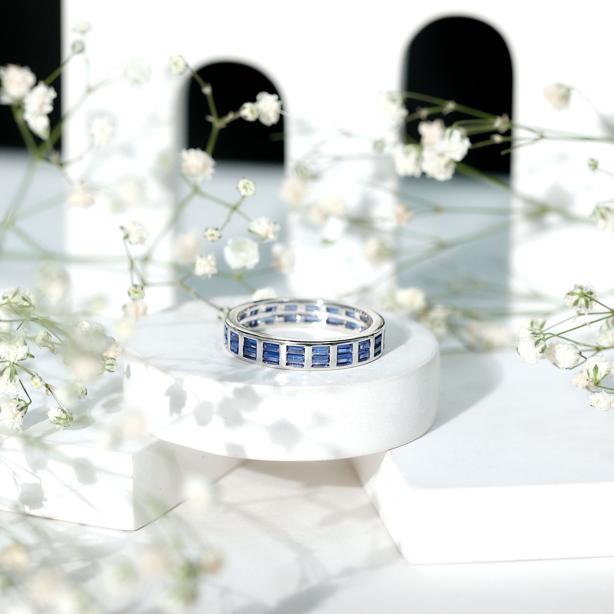 Baguette Cut Lab Created Blue Sapphire Double Row Wedding Band AAAA - Rosec Jewels