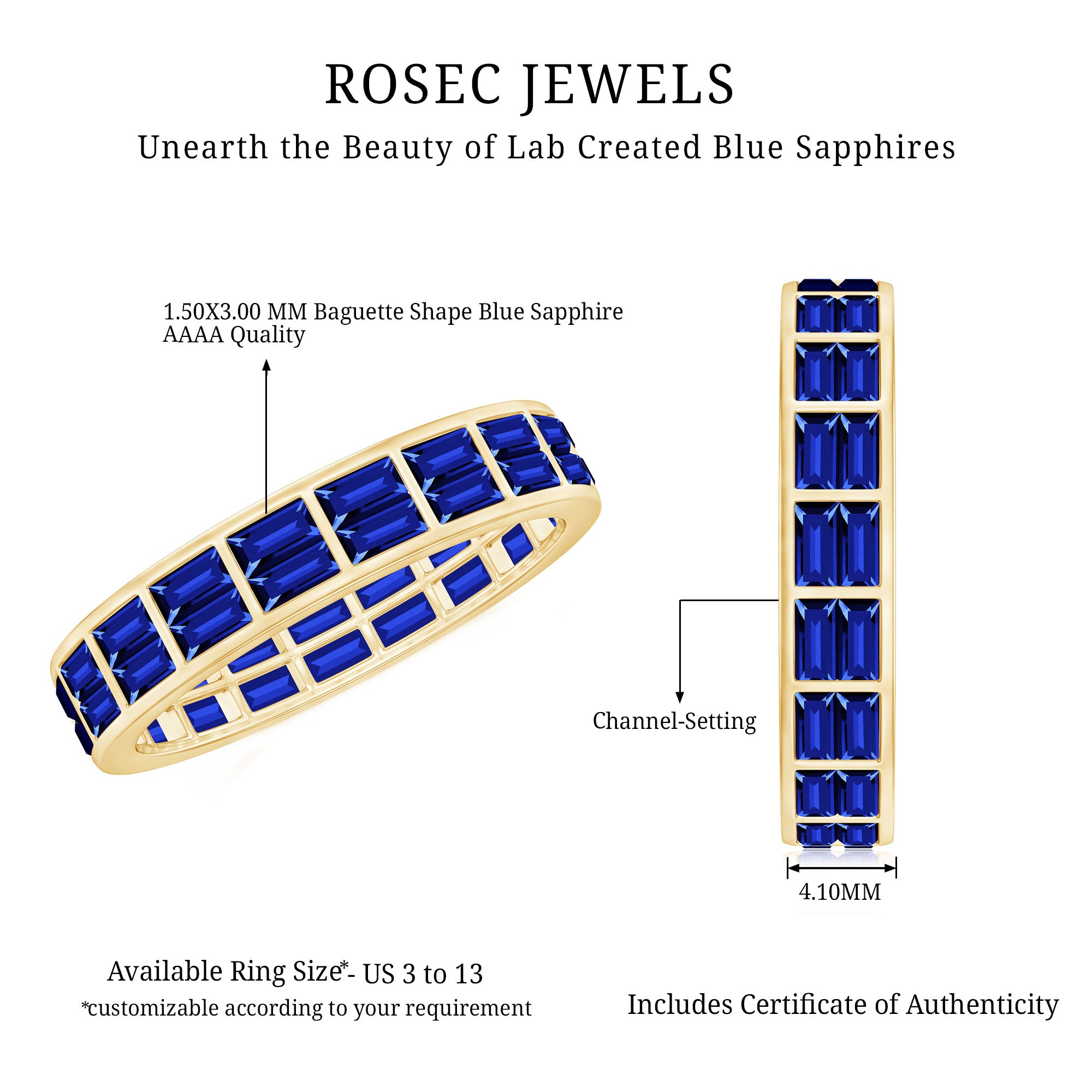 Baguette Cut Lab Created Blue Sapphire Double Row Wedding Band AAAA - Rosec Jewels