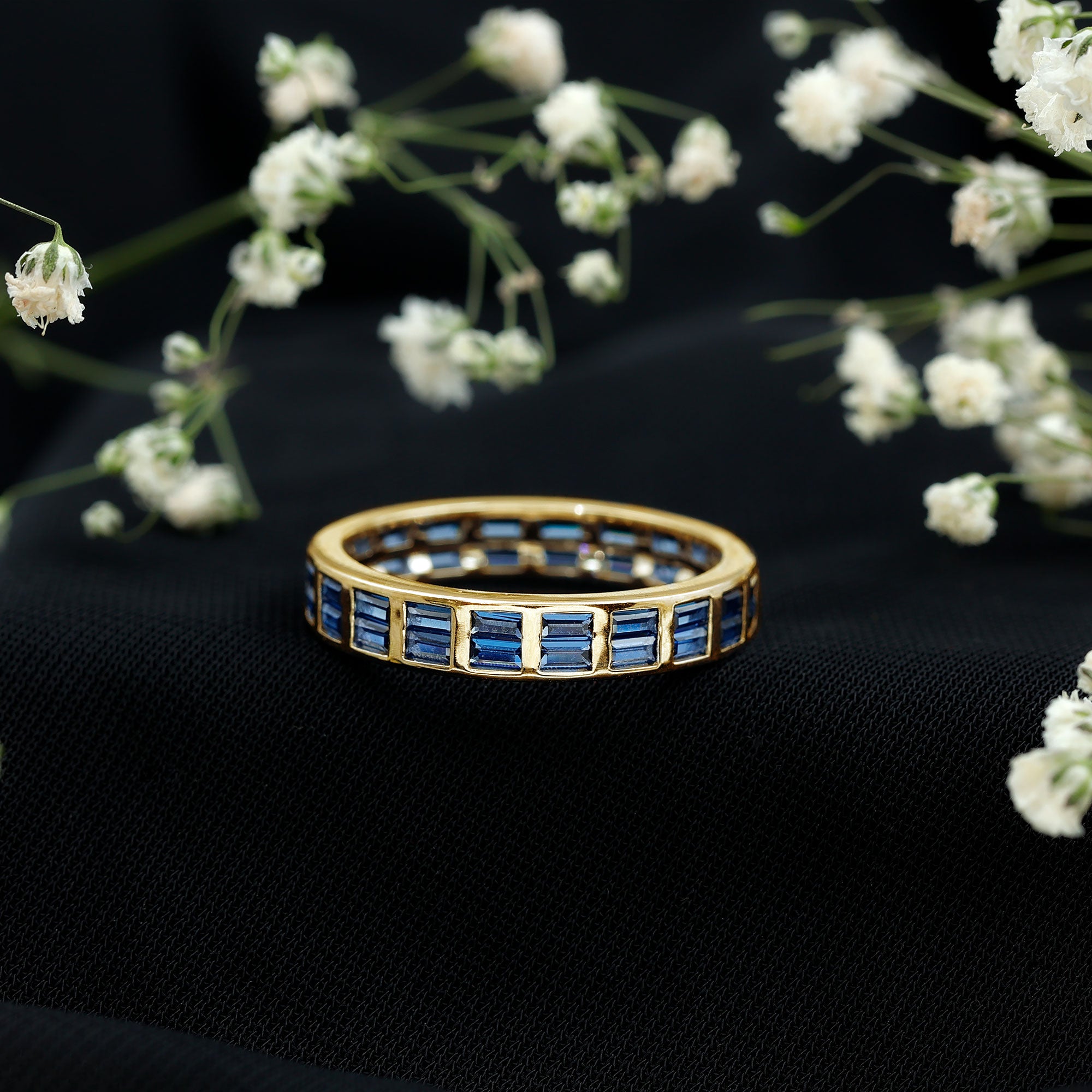 Baguette Cut Lab Created Blue Sapphire Double Row Wedding Band AAAA - Rosec Jewels