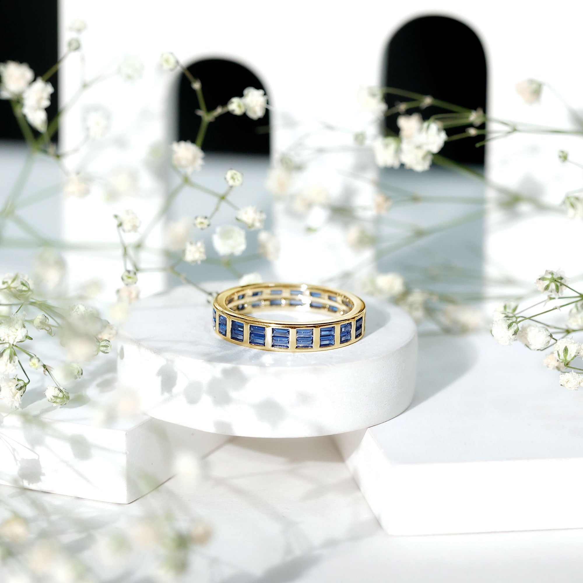 Baguette Cut Lab Created Blue Sapphire Double Row Wedding Band AAAA - Rosec Jewels
