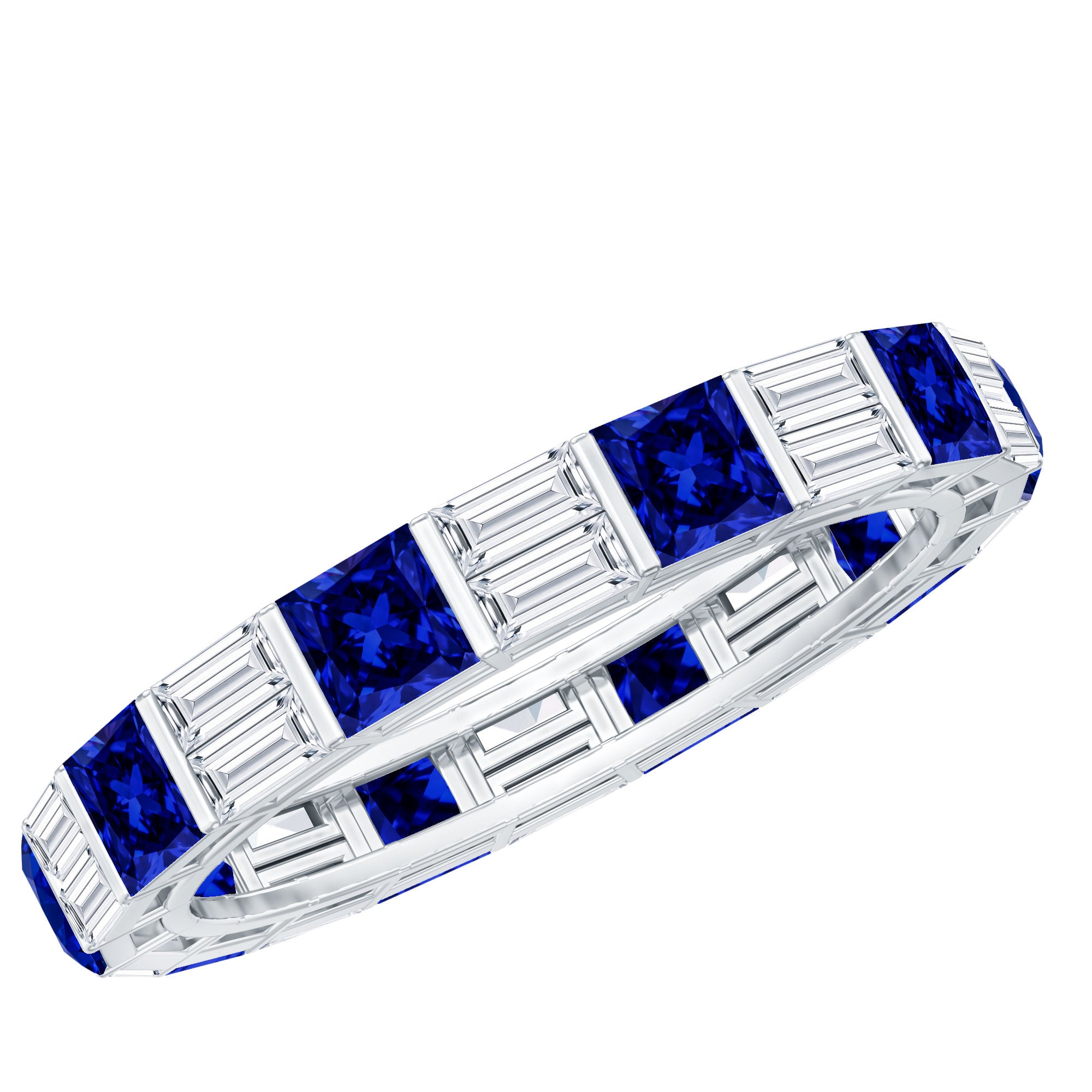 Certified Lab Grown Blue Sapphire Eternity Band Ring with Moissanite AAAA - Rosec Jewels