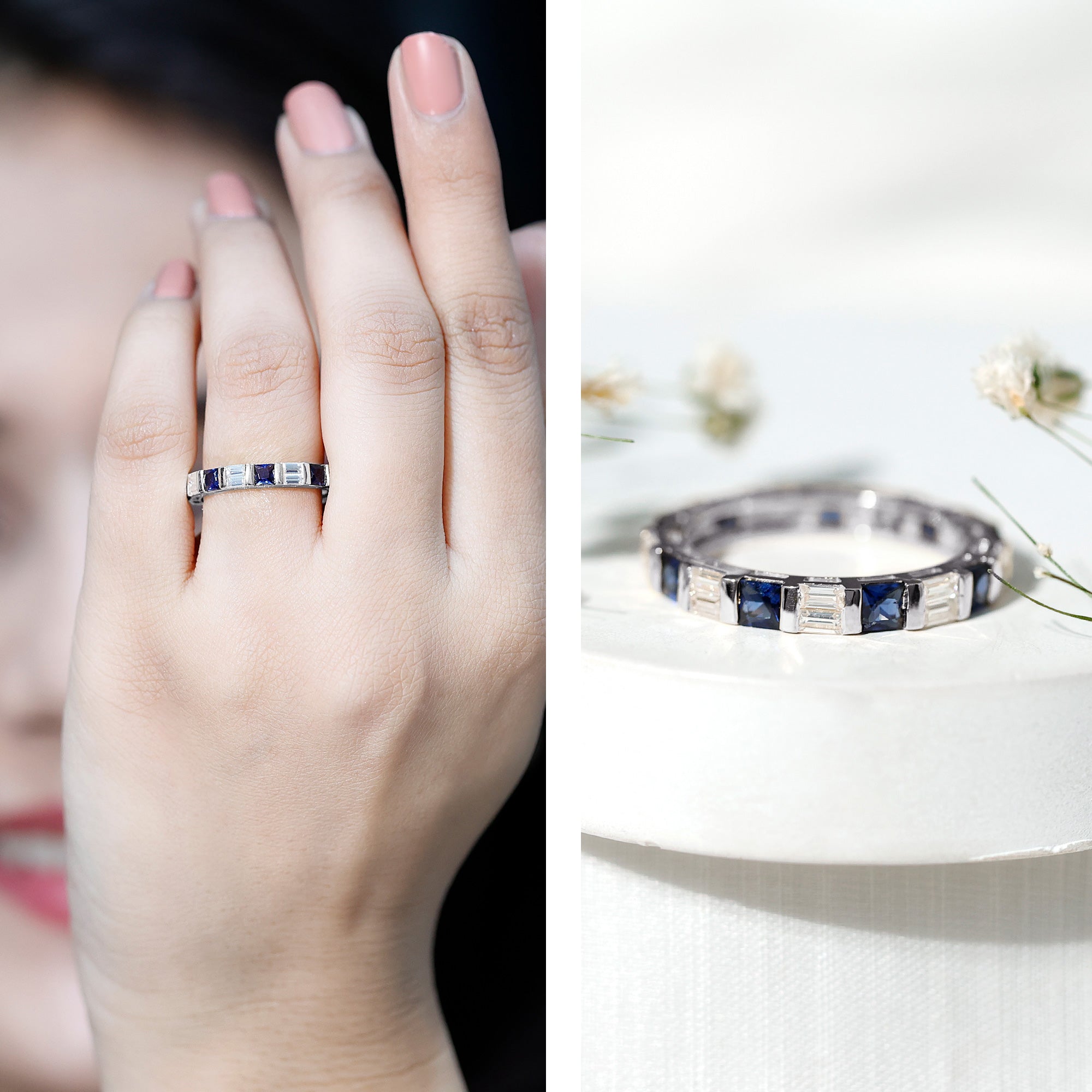 Certified Lab Grown Blue Sapphire Eternity Band Ring with Moissanite AAAA - Rosec Jewels