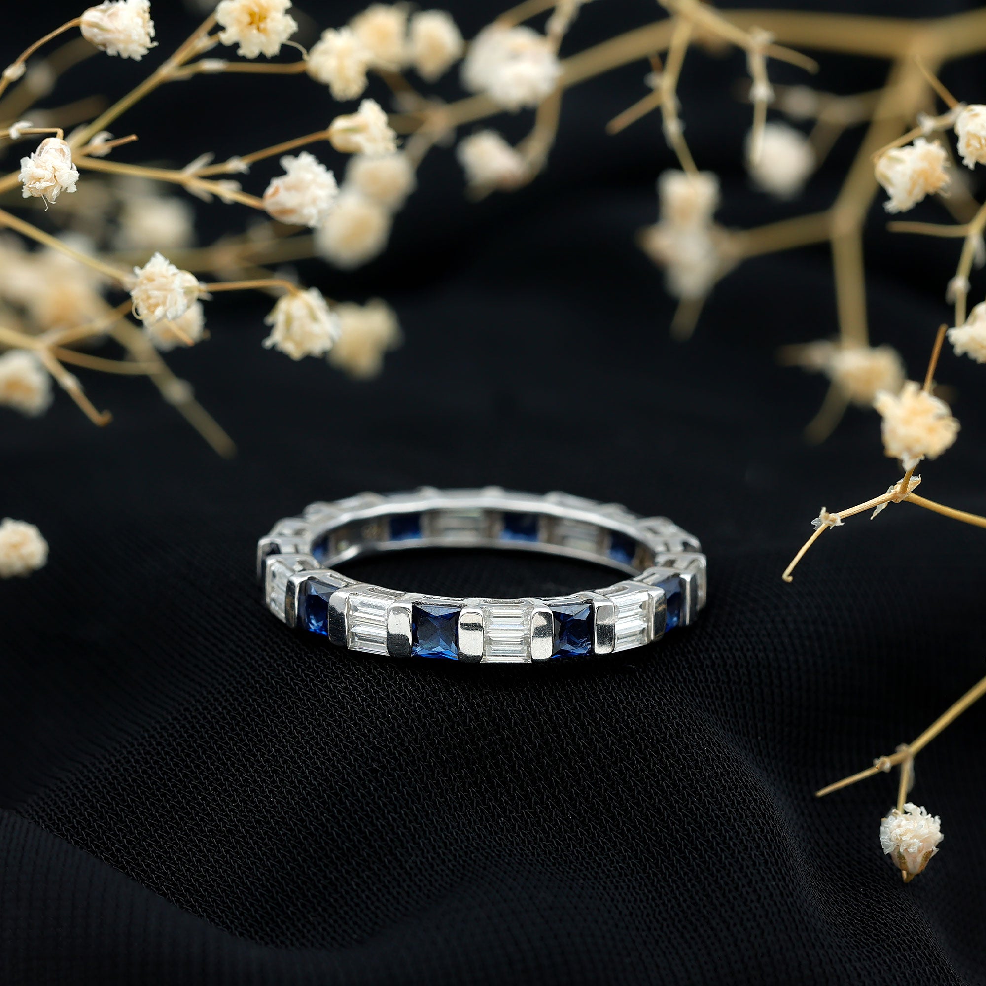 Certified Lab Grown Blue Sapphire Eternity Band Ring with Moissanite AAAA - Rosec Jewels