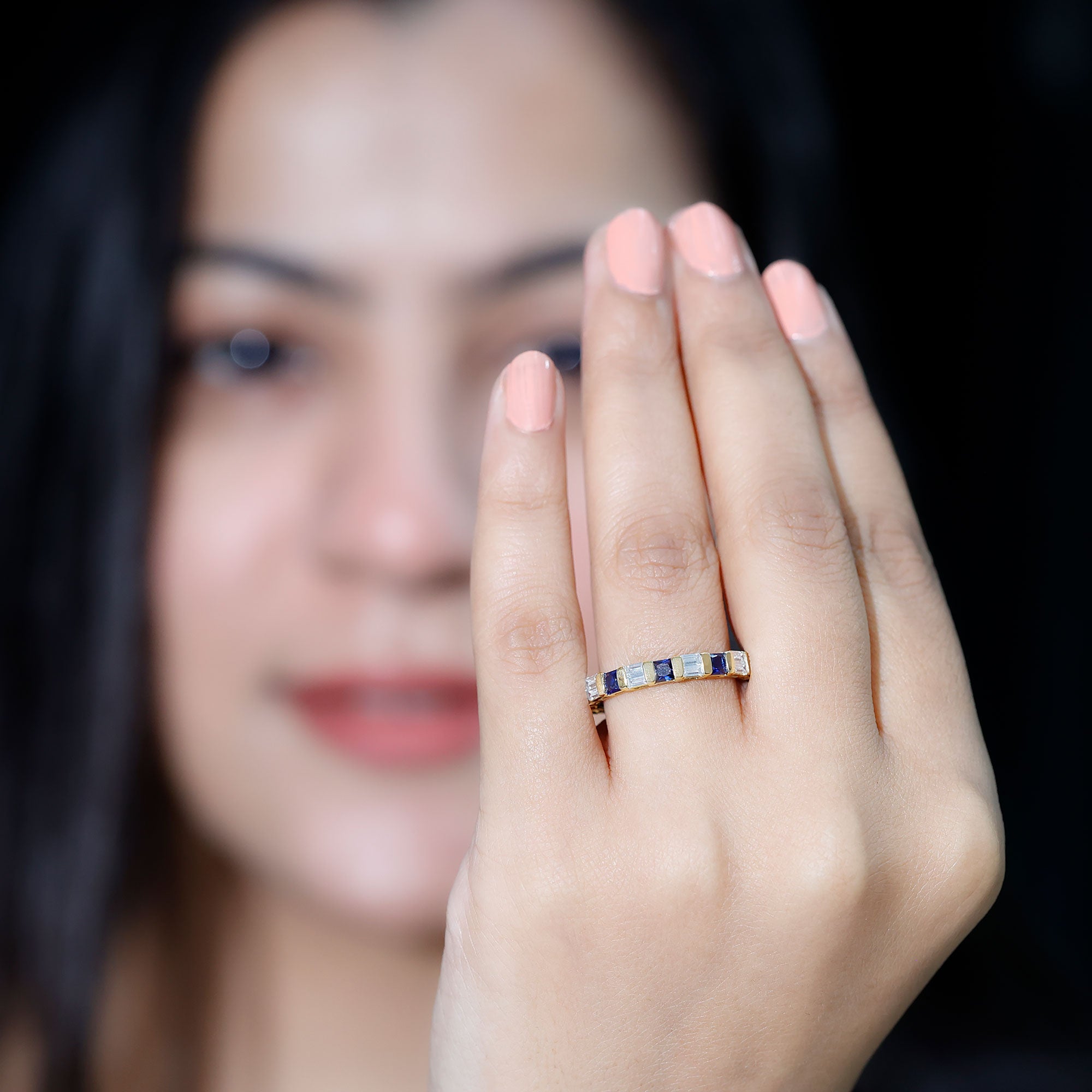 Certified Lab Grown Blue Sapphire Eternity Band Ring with Moissanite AAAA - Rosec Jewels
