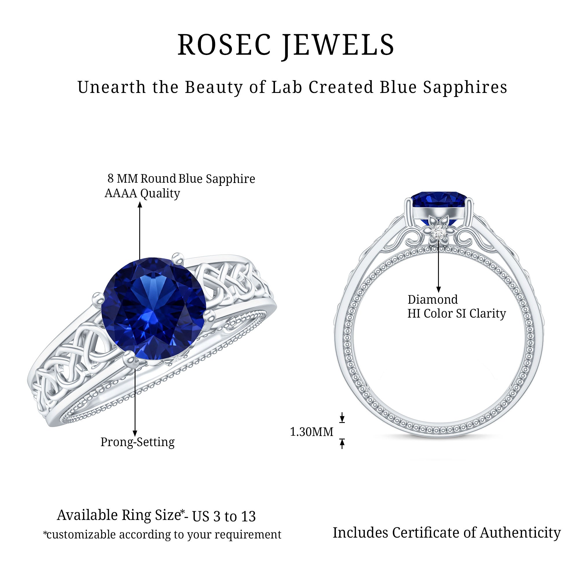Certified 2.7 Carat Lab Grown Blue Sapphire Celtic Engagement Ring with Surprise Diamond AAAA - Rosec Jewels