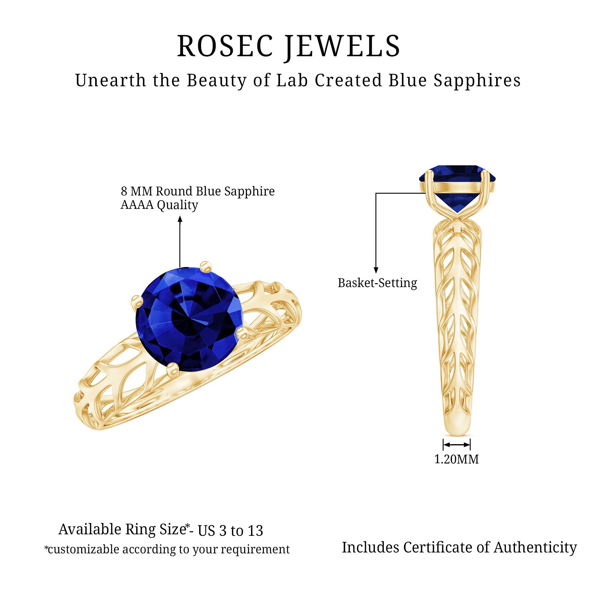 AAAA Quality Lab Created Blue Sapphire Solitaire Ring with Filigree Shank AAAA - Rosec Jewels