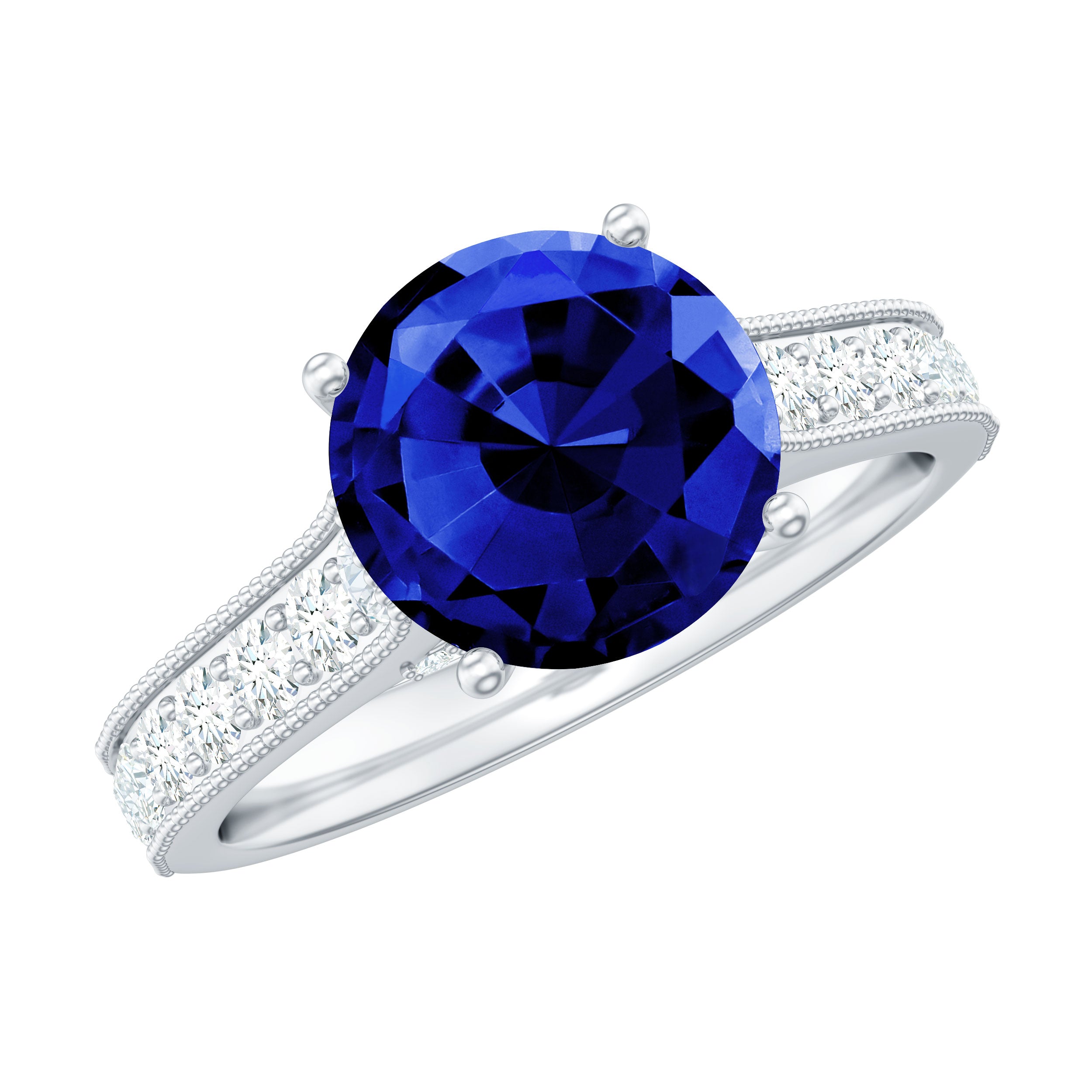 2.50 CT Created Blue Sapphire Solitaire Engagement Ring with Diamond and Milgrain Detailing