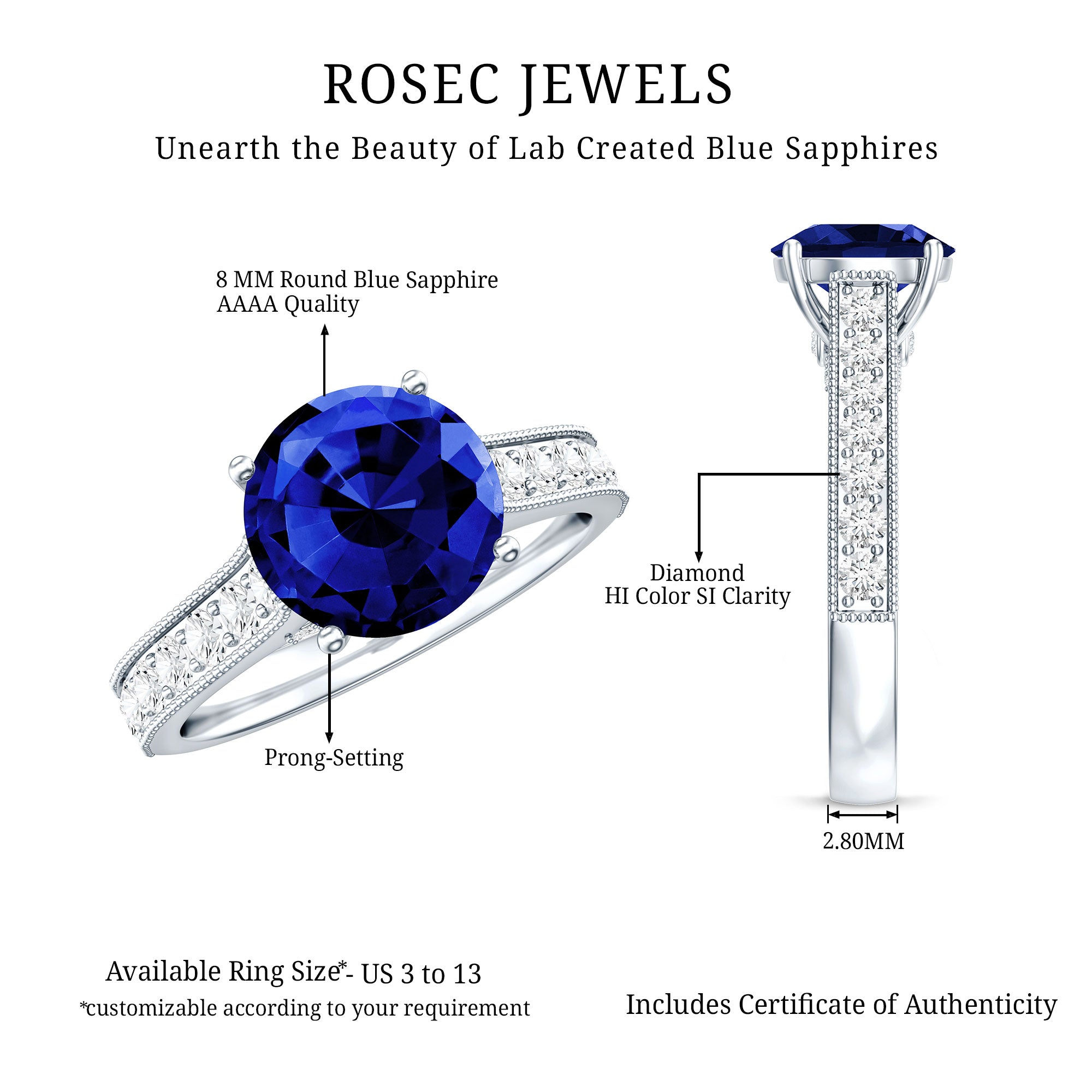 Certified 2.7 Carat Lab Grown Blue Sapphire Solitaire Engagement Ring with Diamond AAAA - Rosec Jewels