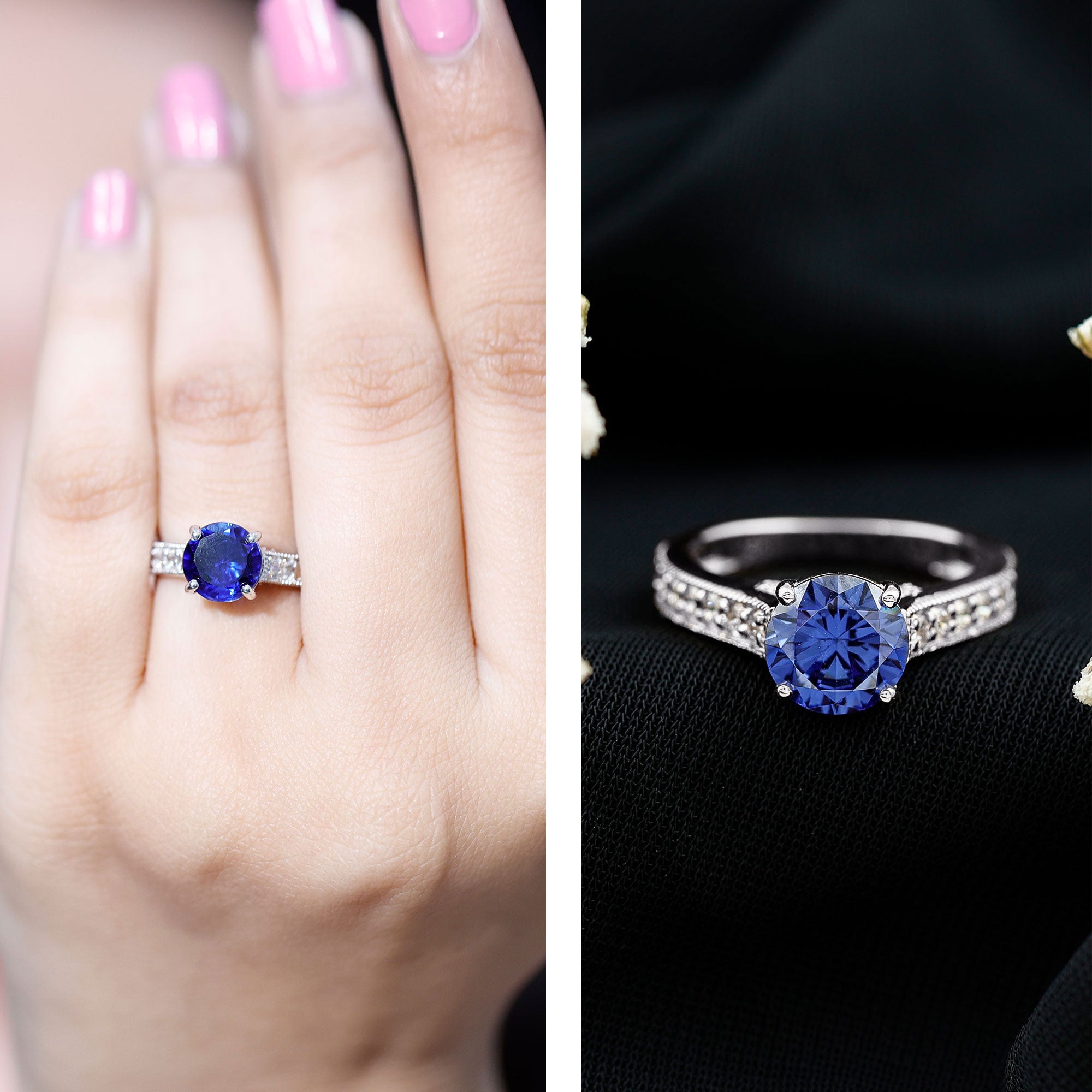 Certified 2.7 Carat Lab Grown Blue Sapphire Solitaire Engagement Ring with Diamond AAAA - Rosec Jewels