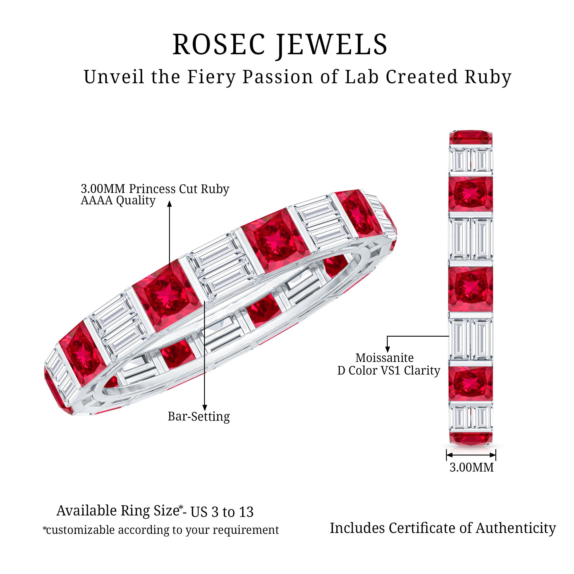 Princess Cut Lab Created Ruby And Moissanite Full Eternity Ring AAAA - Rosec Jewels