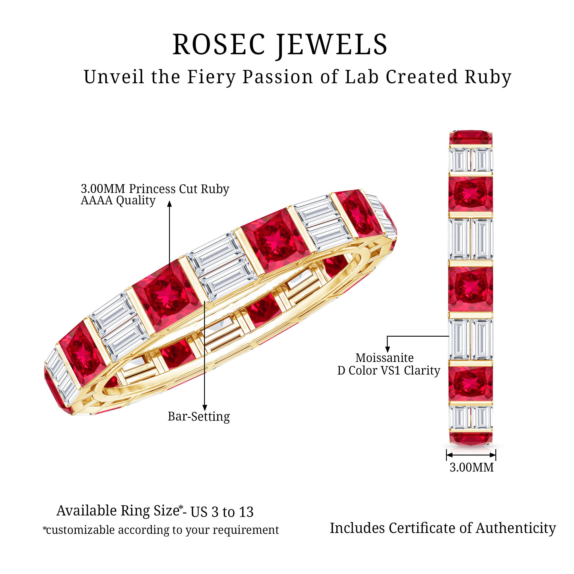 Princess Cut Lab Created Ruby And Moissanite Full Eternity Ring AAAA - Rosec Jewels