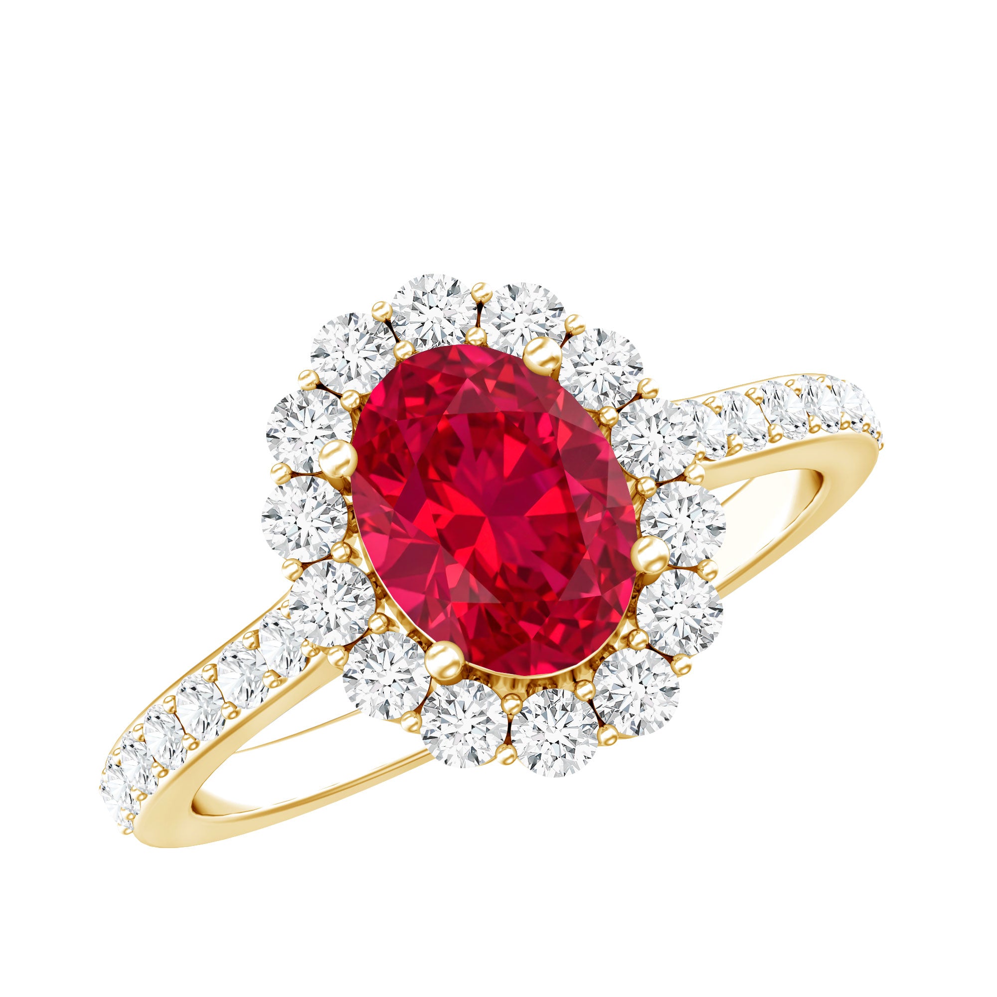 1.5 Carat Oval Cut Created Ruby Engagement Ring with Moissanite Halo AAAA - Rosec Jewels
