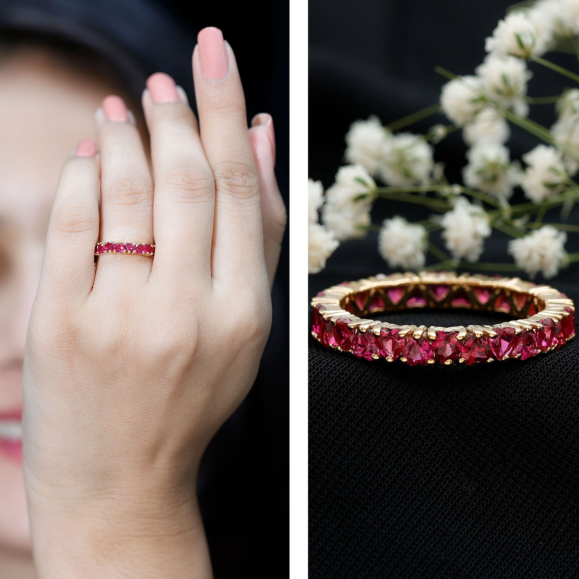 3 Carat Lab Created Ruby Heart Eternity Band Ring AAAA - Rosec Jewels