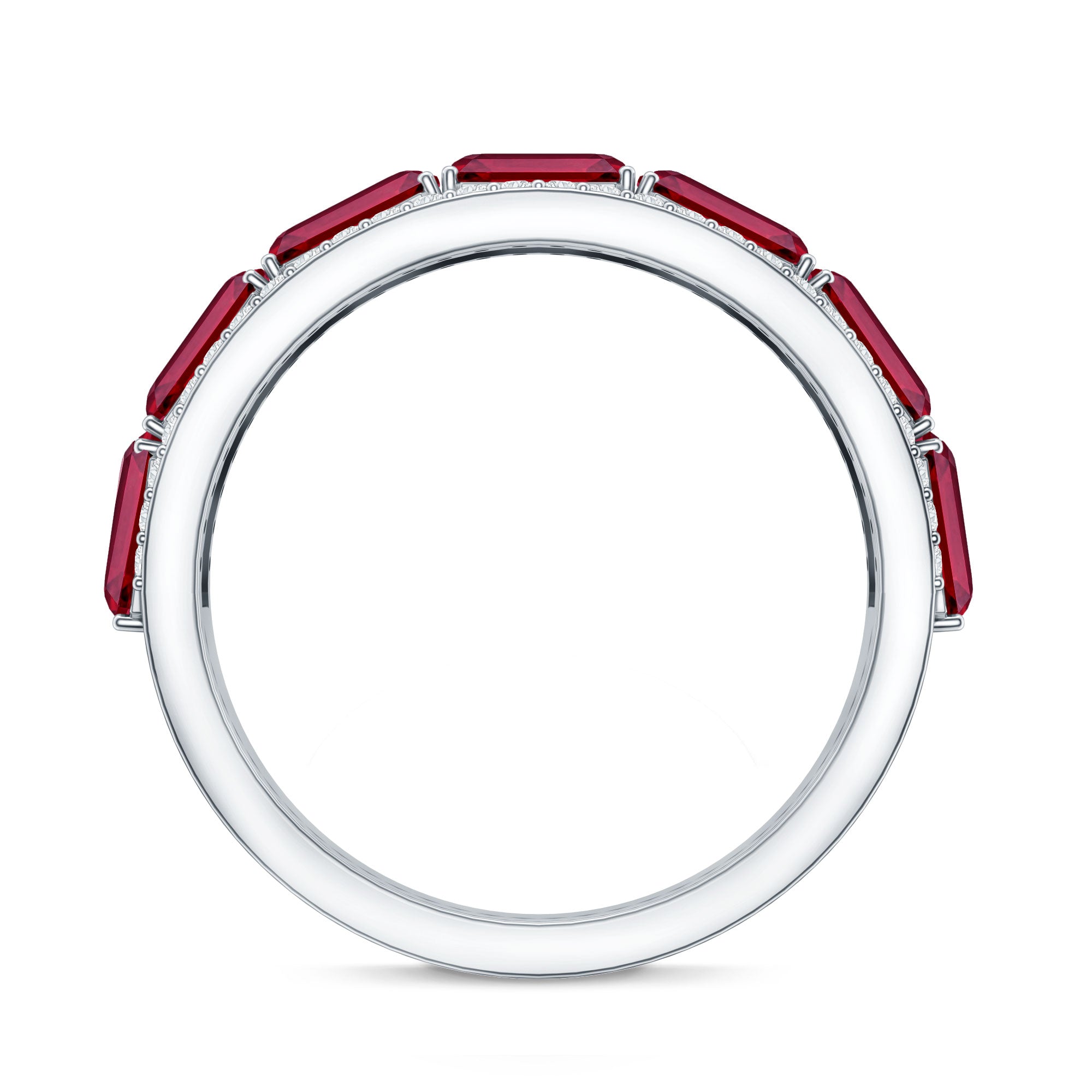 Emerald Cut Created Ruby and Diamond Half Eternity Band AAAA - Rosec Jewels
